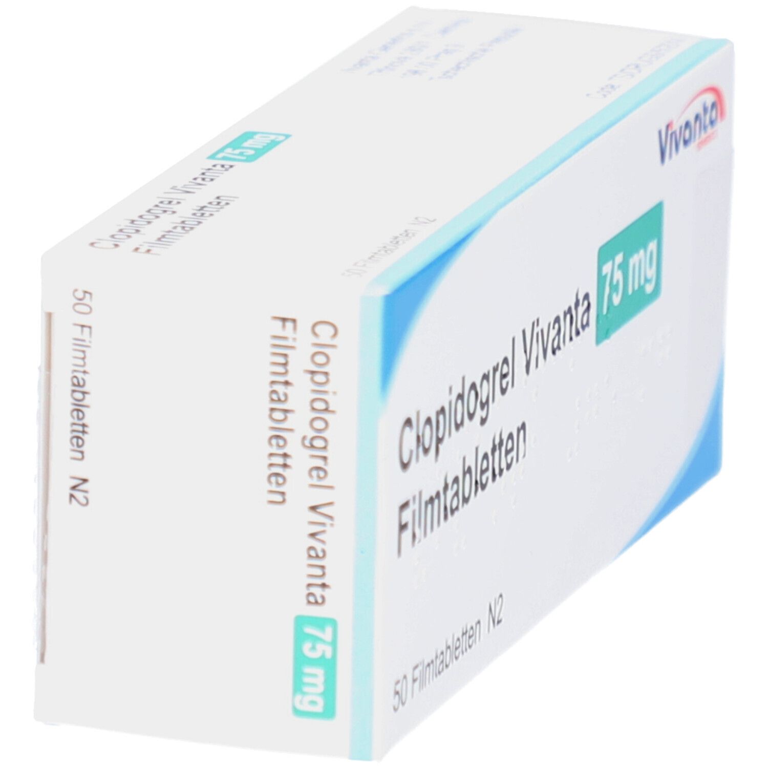 Schachtel Clopidogrel Vivanta 75 mg Filmtabletten. Aufschrift: 50 Filmtabletten N2. Marke Vivanta. Perspektivische Ansicht.
