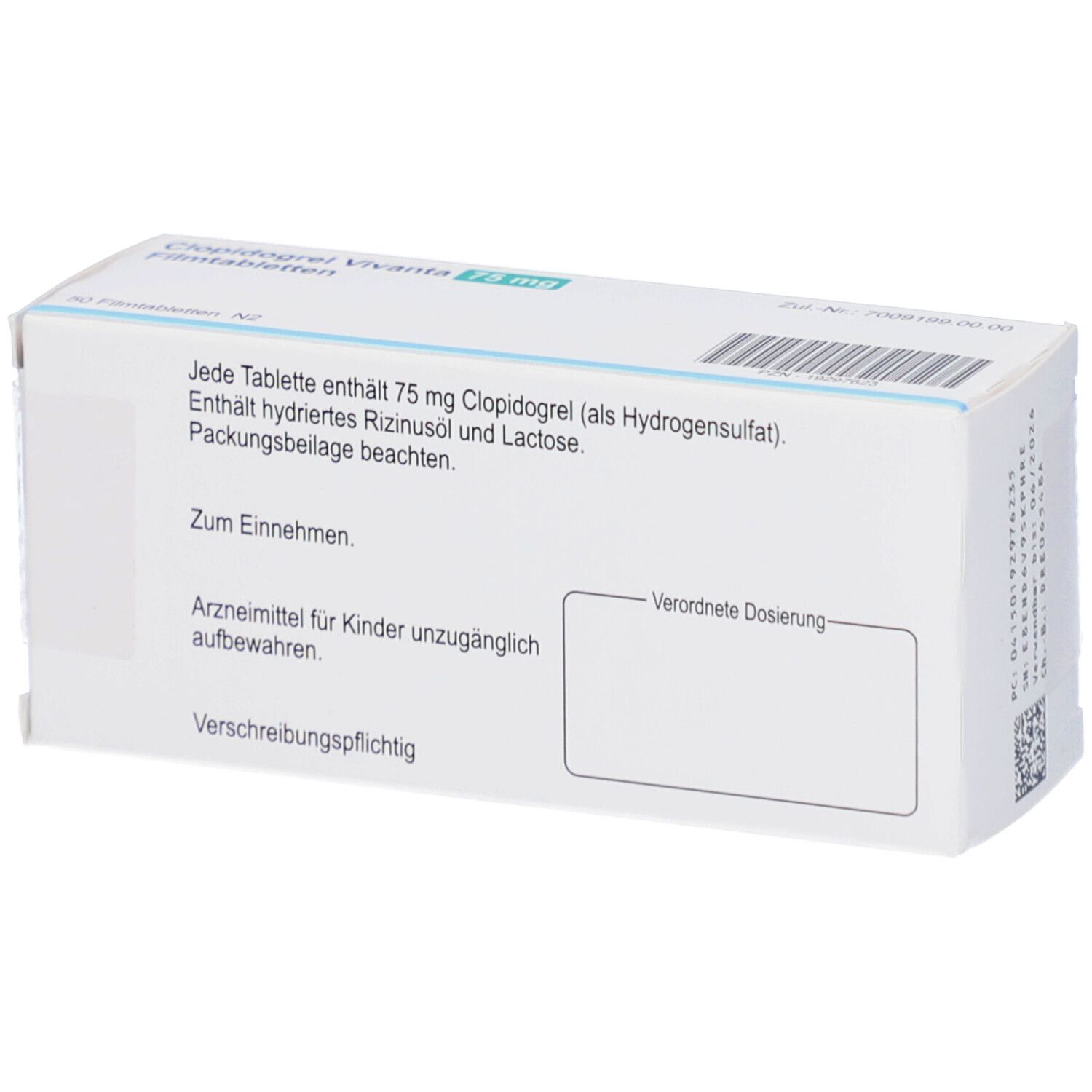 Rückseite der Schachtel mit Informationen zu Clopidogrel Vivanta 75 mg Filmtabletten. Text und leeres Feld.