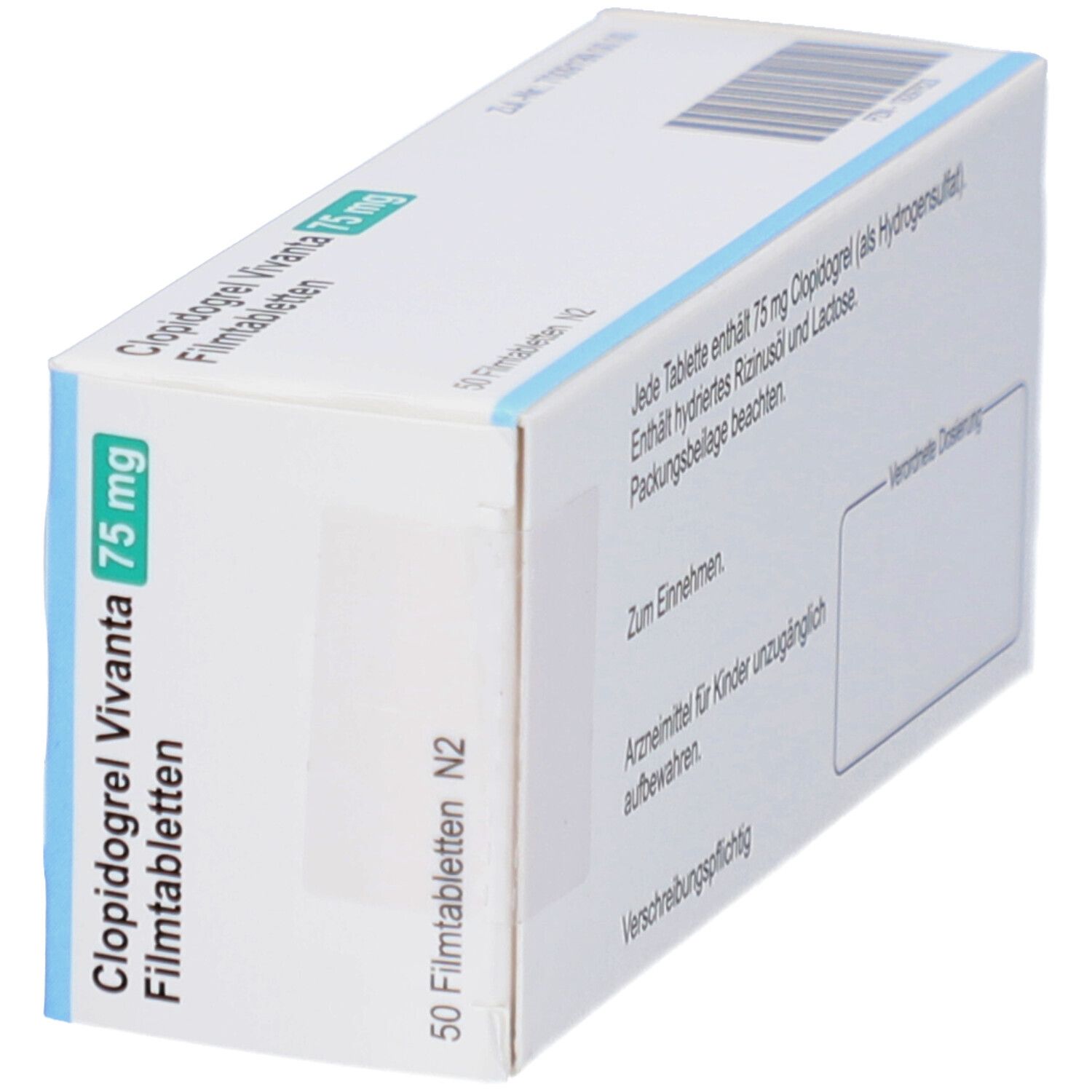 Schachtel Clopidogrel Vivanta 75 mg Filmtabletten. Aufschrift: 50 Filmtabletten N2. Rückseite mit Text.