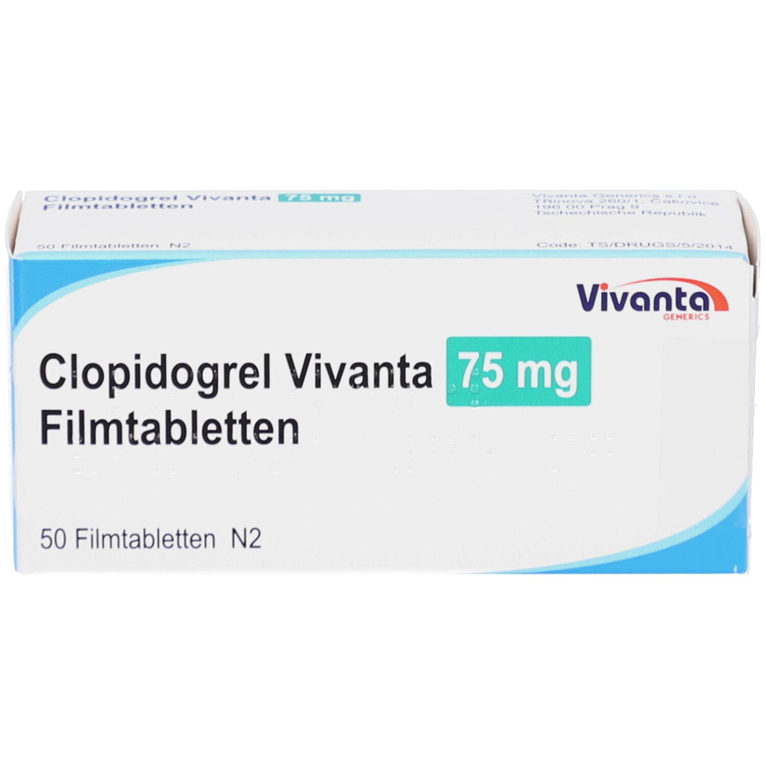 Schachtel Clopidogrel Vivanta 75 mg Filmtabletten. Aufschrift: 50 Filmtabletten N2. Marke Vivanta. Frontansicht.