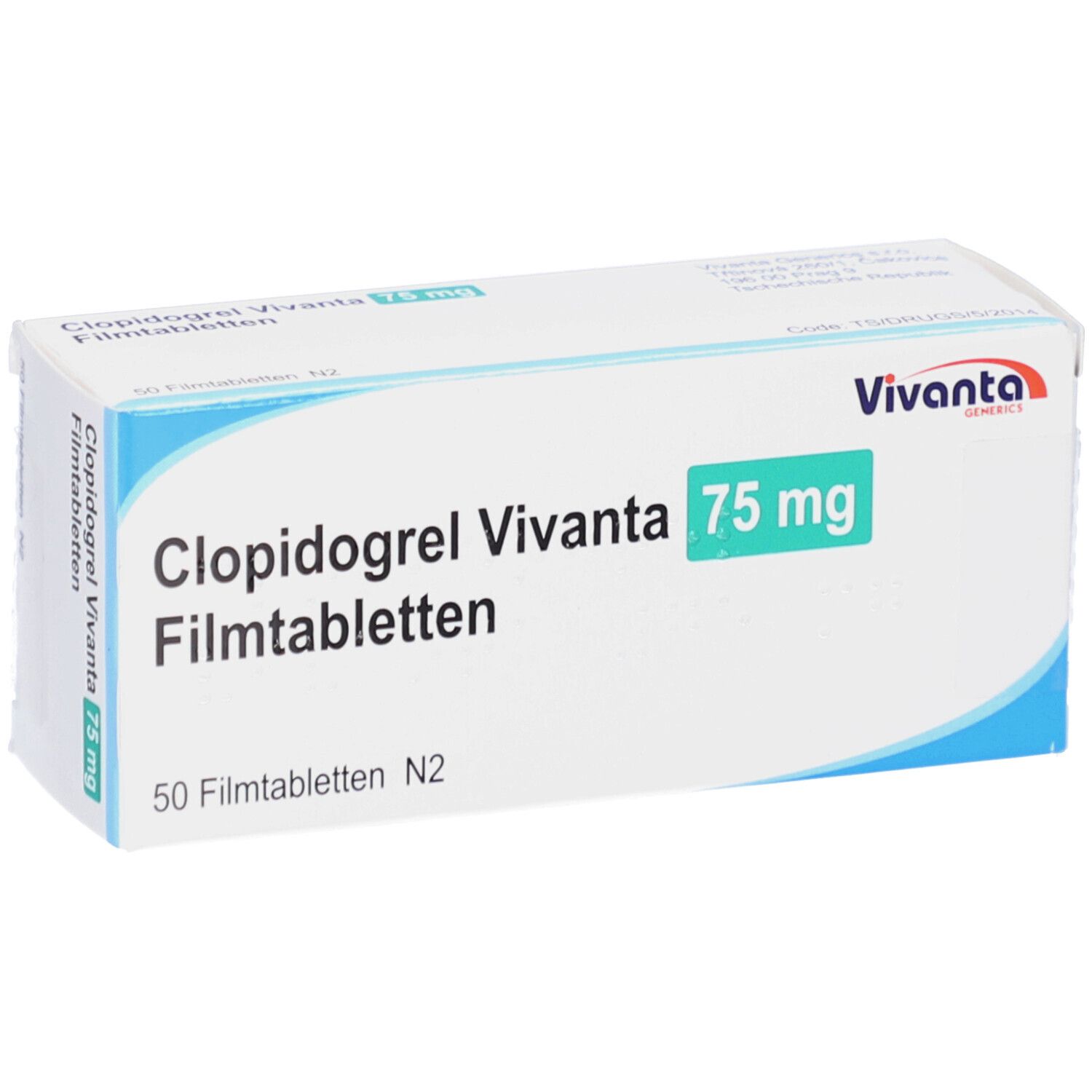 Schachtel Clopidogrel Vivanta 75 mg Filmtabletten. Aufschrift: 50 Filmtabletten N2. Marke Vivanta. Perspektivische Ansicht.