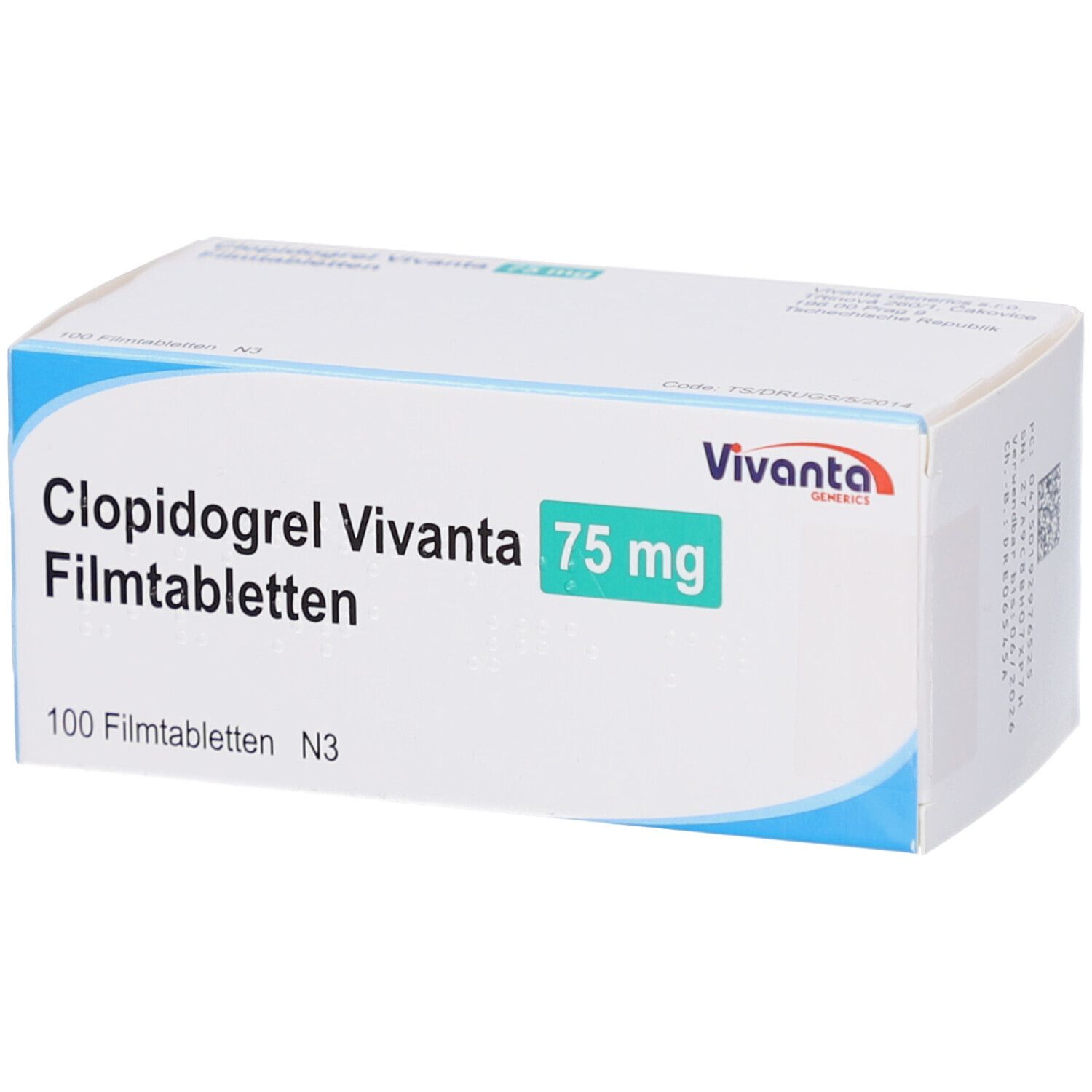 Schachtel mit Clopidogrel Vivanta 75 mg Filmtabletten. 100 Tabletten. Grün-weiße Verpackung mit blauer Umrandung.