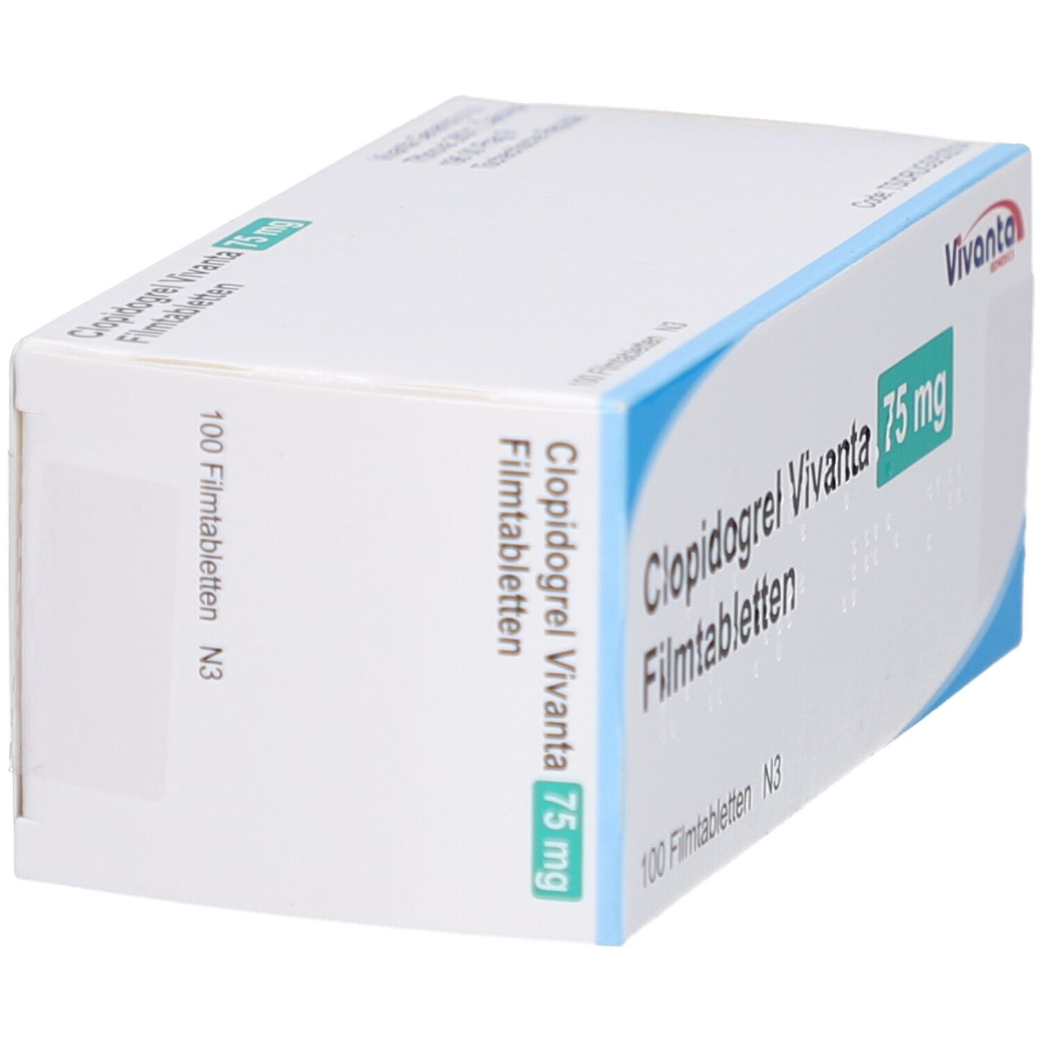 Schachtel mit CLOPIDOGREL Vivanta 75 mg Filmtabletten. Grün-weiße Verpackung. Text: 100 Filmtabletten, N3.