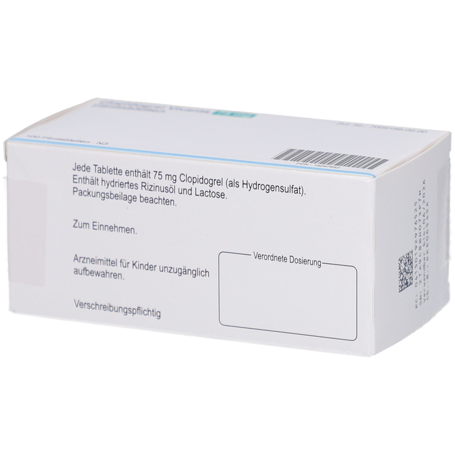 Rückseite der Schachtel mit CLOPIDOGREL Vivanta 75 mg Filmtabletten. Text: Inhaltsstoffe, Dosierung, Vorsichtshinweise.