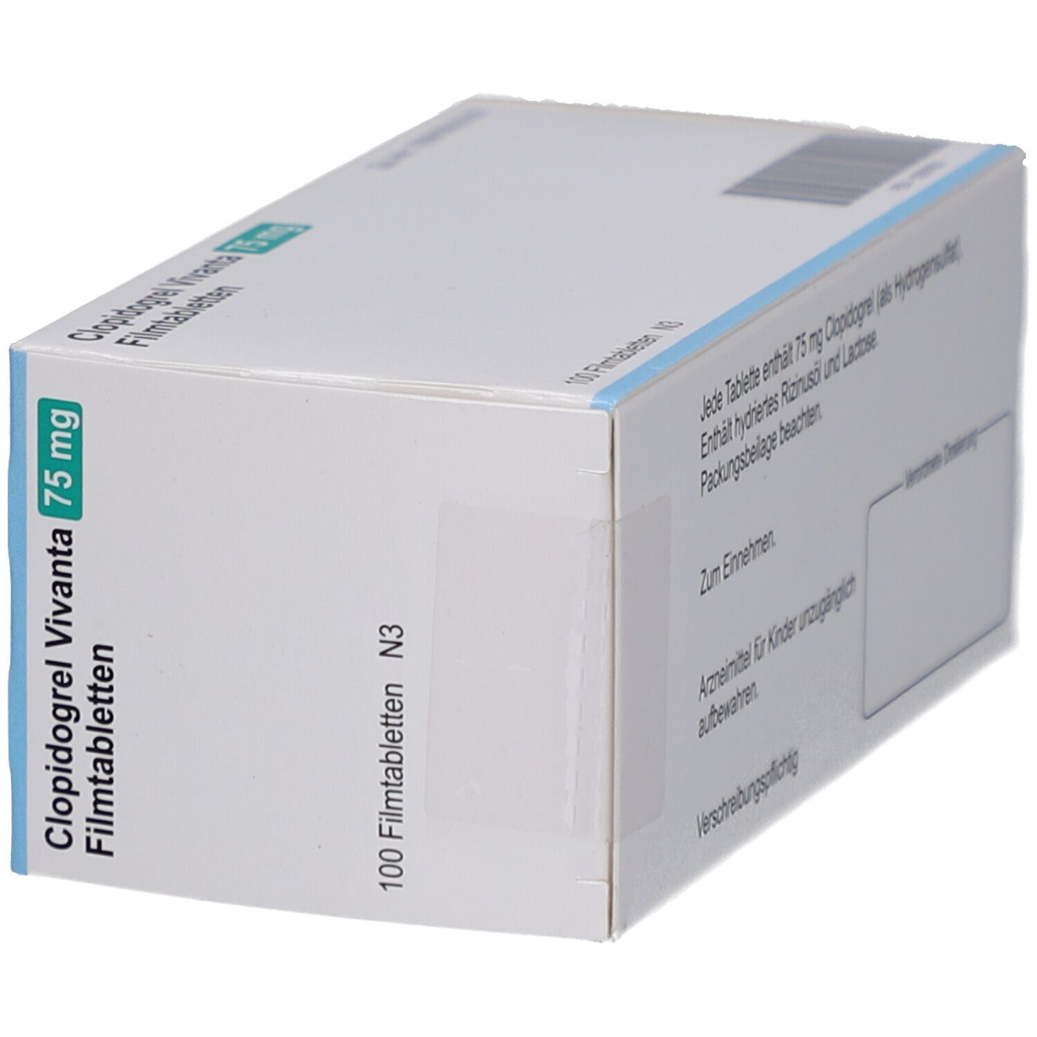 Schachtel mit CLOPIDOGREL Vivanta 75 mg Filmtabletten. Grün-weiße Verpackung. Text: 100 Filmtabletten, N3.