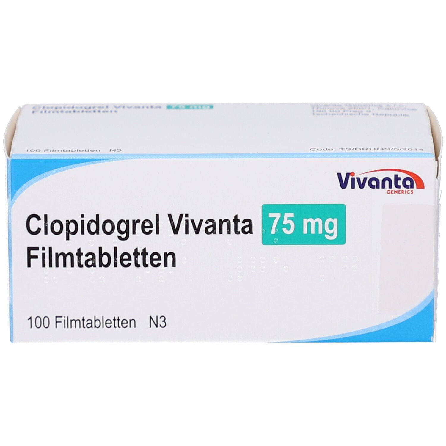 Schachtel mit CLOPIDOGREL Vivanta 75 mg Filmtabletten. Grün-weiße Verpackung. Text: 100 Filmtabletten, N3, Vivanta.