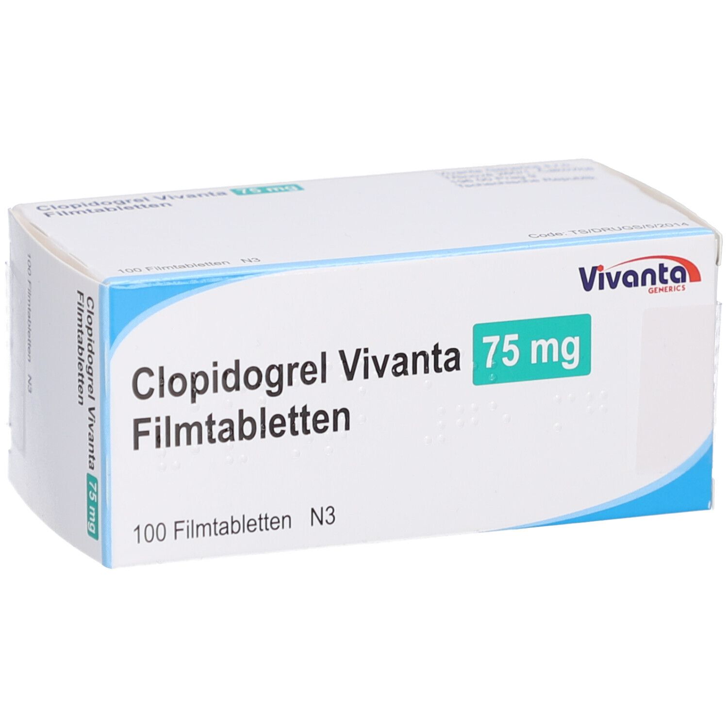 Schachtel mit CLOPIDOGREL Vivanta 75 mg Filmtabletten. Grün-weiße Verpackung. Text: 100 Filmtabletten, N3, Vivanta.