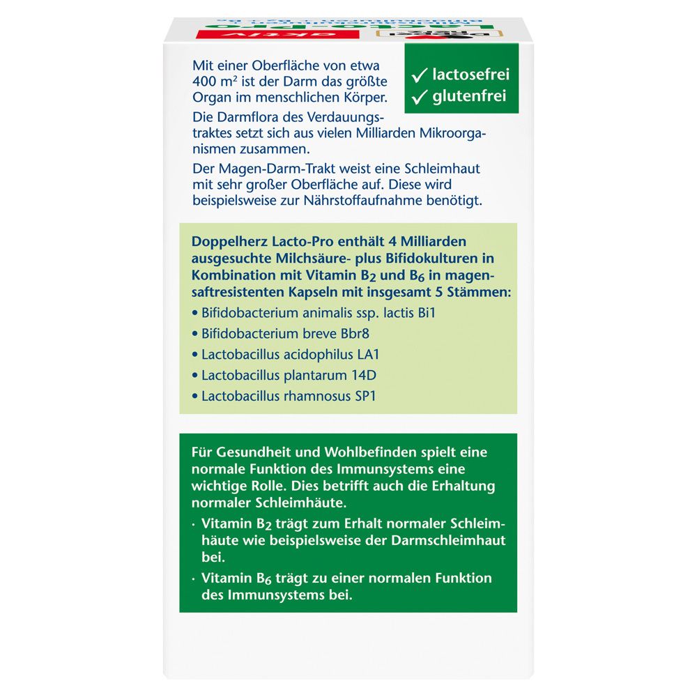 Rückseite der Verpackung von Doppelherz aktiv Lacto-Pro. Informationen zu Inhaltsstoffen und Nährwerten. Laktose- und glutenfrei.