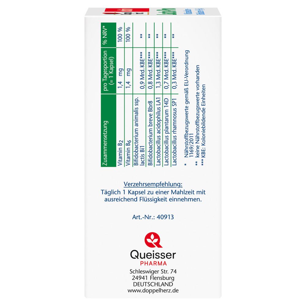 Rückseite der Verpackung von Doppelherz aktiv Lacto-Pro. Nährwerttabelle und Verzehrempfehlung. Hergestellt von Queisser Pharma.