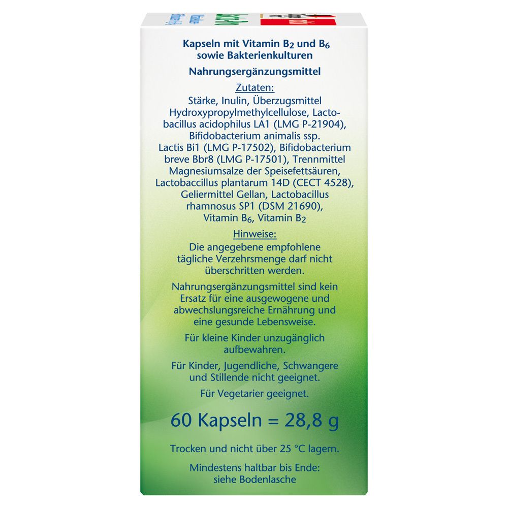 Rückseite der Verpackung von Doppelherz aktiv Lacto-Pro. Zutatenliste und Hinweise. Für Vegetarier geeignet. 60 Kapseln = 28,8 g.