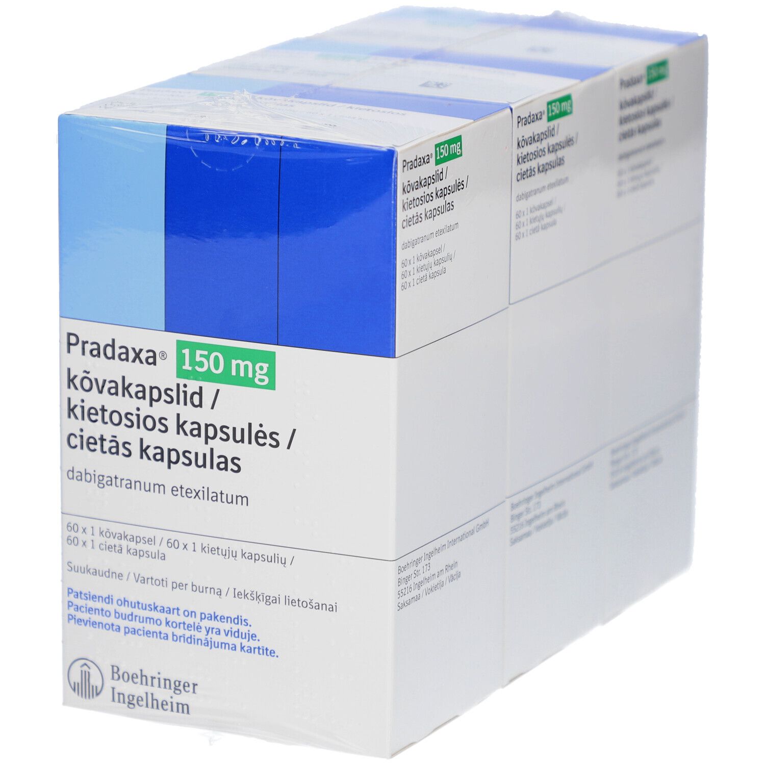 Packung PRADAXA 150 mg Hartkapseln. Weiße Schachtel mit blauer Ecke. Text: PRADAXA 150 mg, Kapseln, 60 Stück. Logo Boehringer Ingelheim.