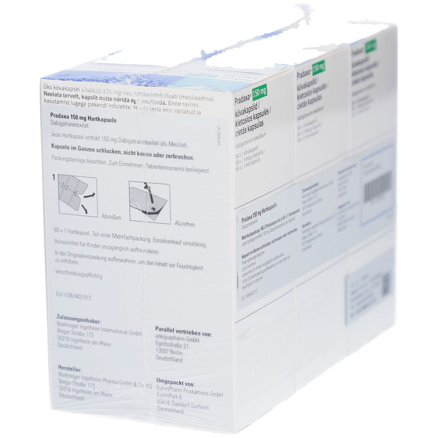 Packungen PRADAXA 150 mg Hartkapseln in Folie. Weiße Schachteln. Text: PRADAXA 150 mg, Kapseln. Logo Boehringer Ingelheim. Anweisungen.