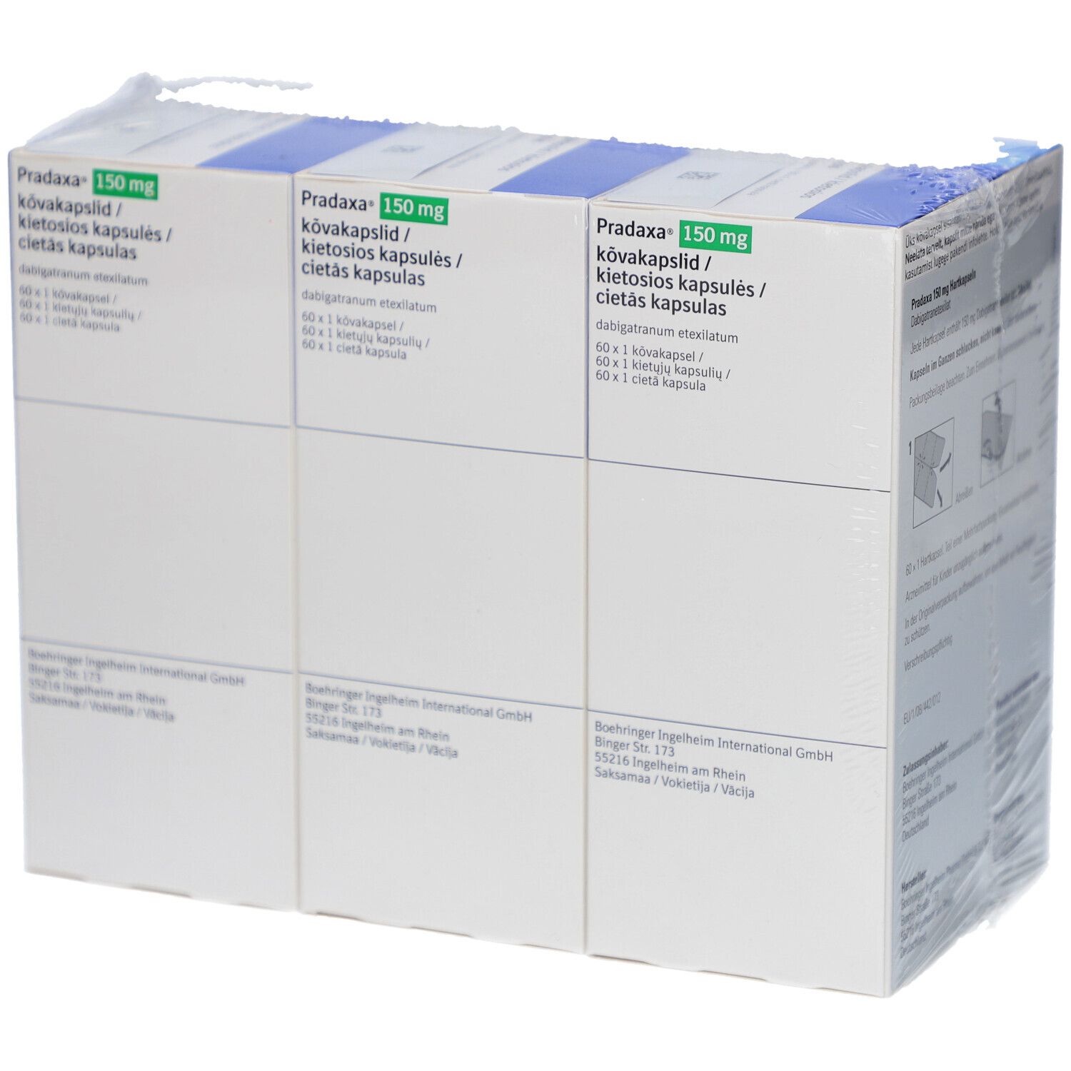 Mehrere Packungen PRADAXA 150 mg Hartkapseln. Weiße Schachteln mit blauer Ecke. Text: PRADAXA 150 mg, Kapseln. Logo Boehringer Ingelheim.