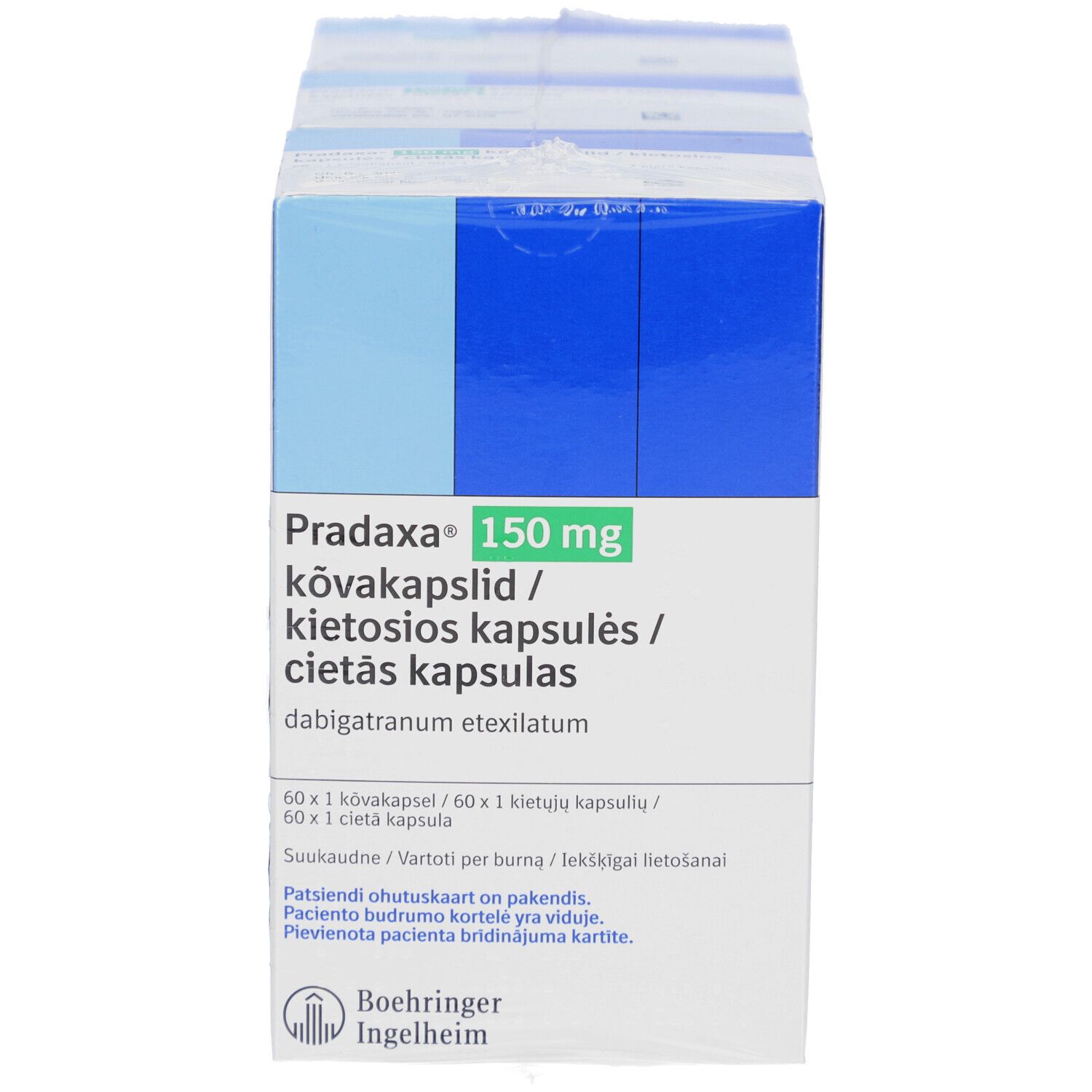 Packung PRADAXA 150 mg Hartkapseln. Weiße Schachtel mit blauem Streifen. Text: PRADAXA 150 mg, Kapseln, 60 Stück. Logo Boehringer Ingelheim.