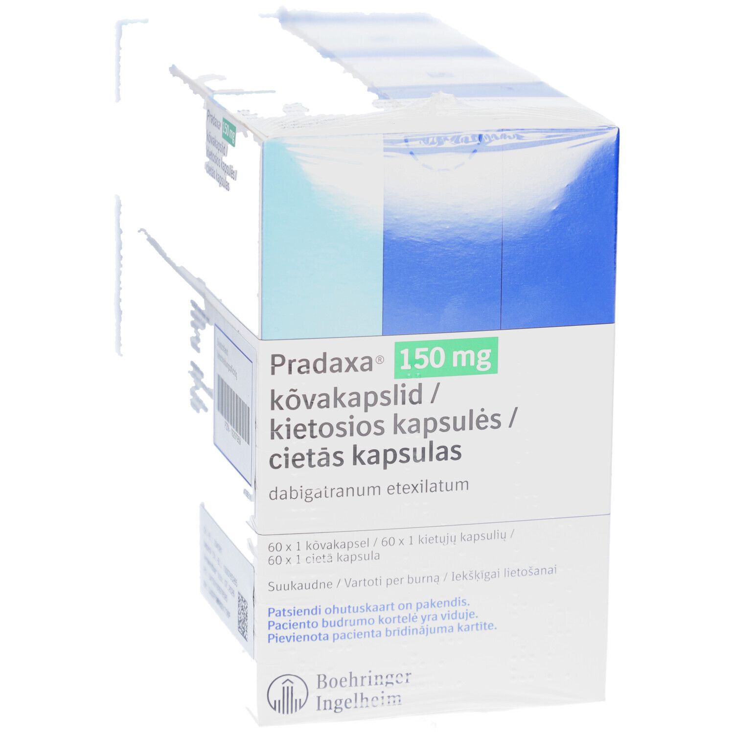 Packung PRADAXA 150 mg Hartkapseln. Weiße Schachtel mit blauem Streifen. Text: PRADAXA 150 mg, Kapseln. Logo Boehringer Ingelheim.