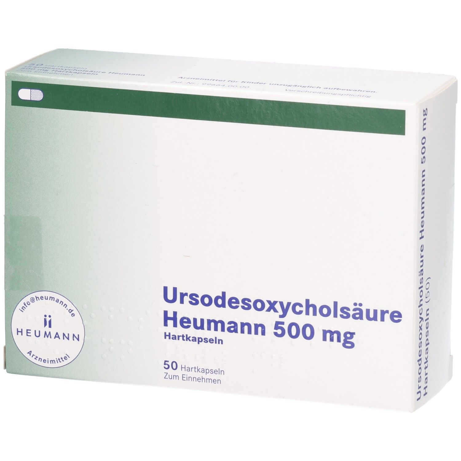 Schachtel mit URSODESOXYCHOLSÄURE Heumann 500 mg Hartkapseln. Weiße Verpackung mit grünen Akzenten. 50 Hartkapseln.
