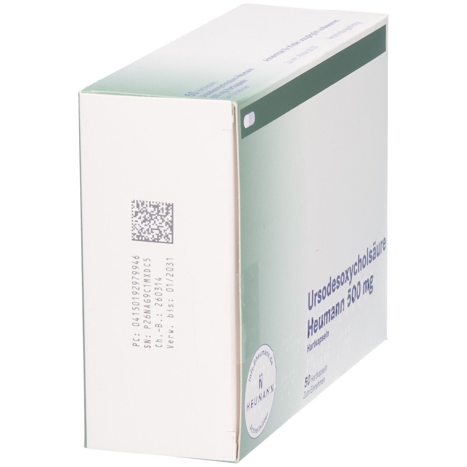 Seitenansicht der Schachtel URSODESOXYCHOLSÄURE Heumann 500 mg. Weiße Verpackung mit Barcode und Produktionsdaten.