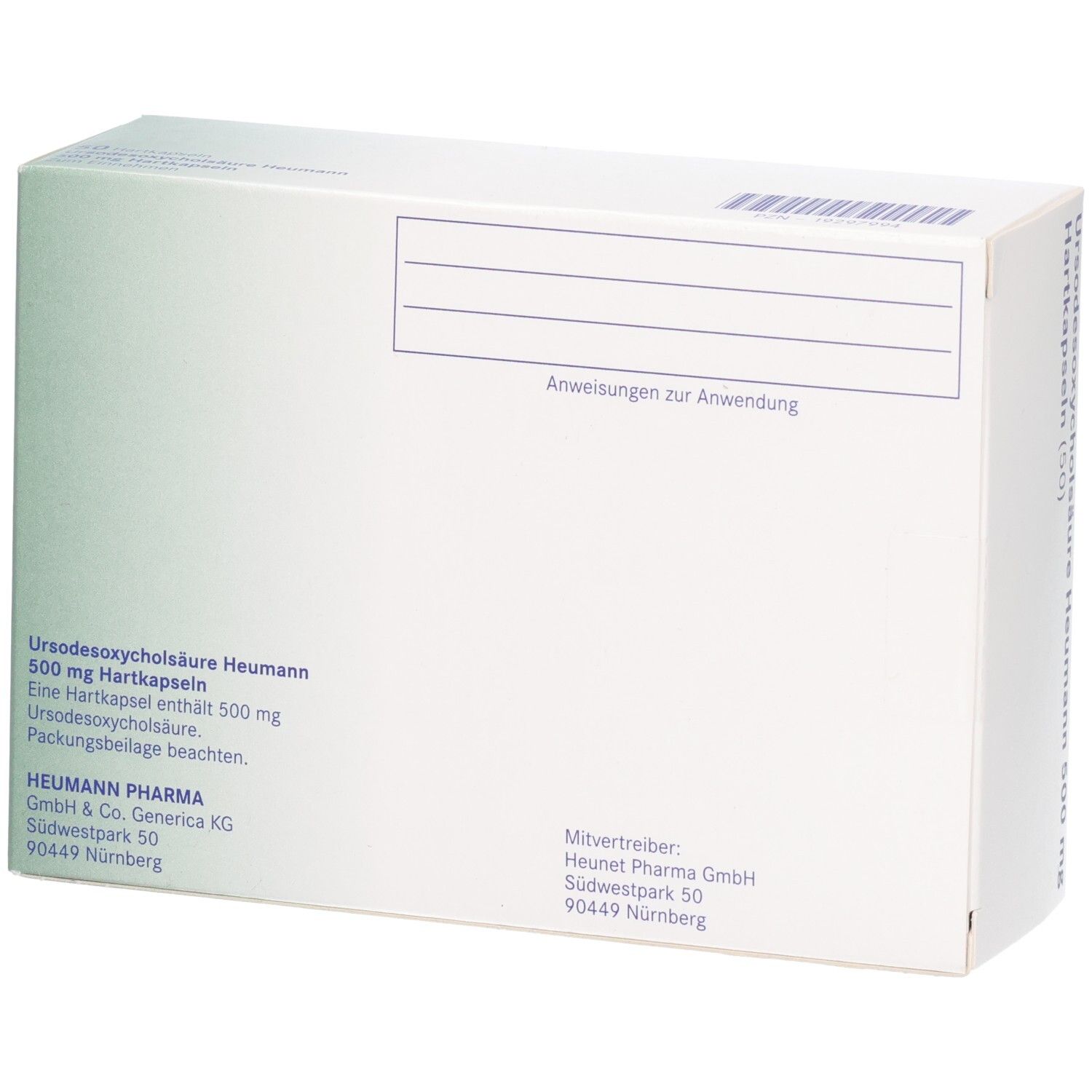 Rückseite der Schachtel URSODESOXYCHOLSÄURE Heumann 500 mg. Weiße Verpackung mit Text und Herstellerinformationen.