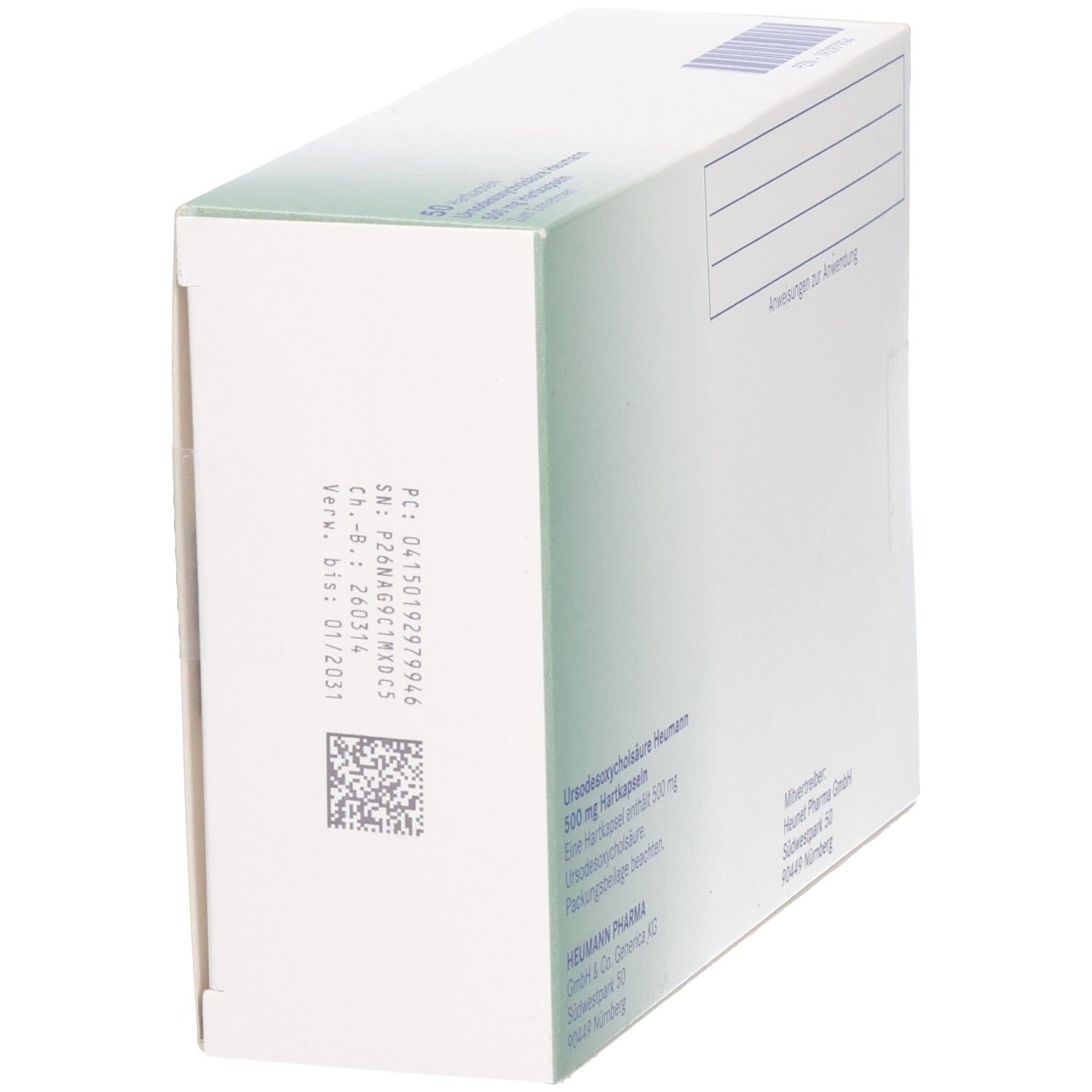 Schachtel URSODESOXYCHOLSÄURE Heumann 500 mg, Seitenansicht. Weiße Verpackung mit Barcode und Produktionsdaten.