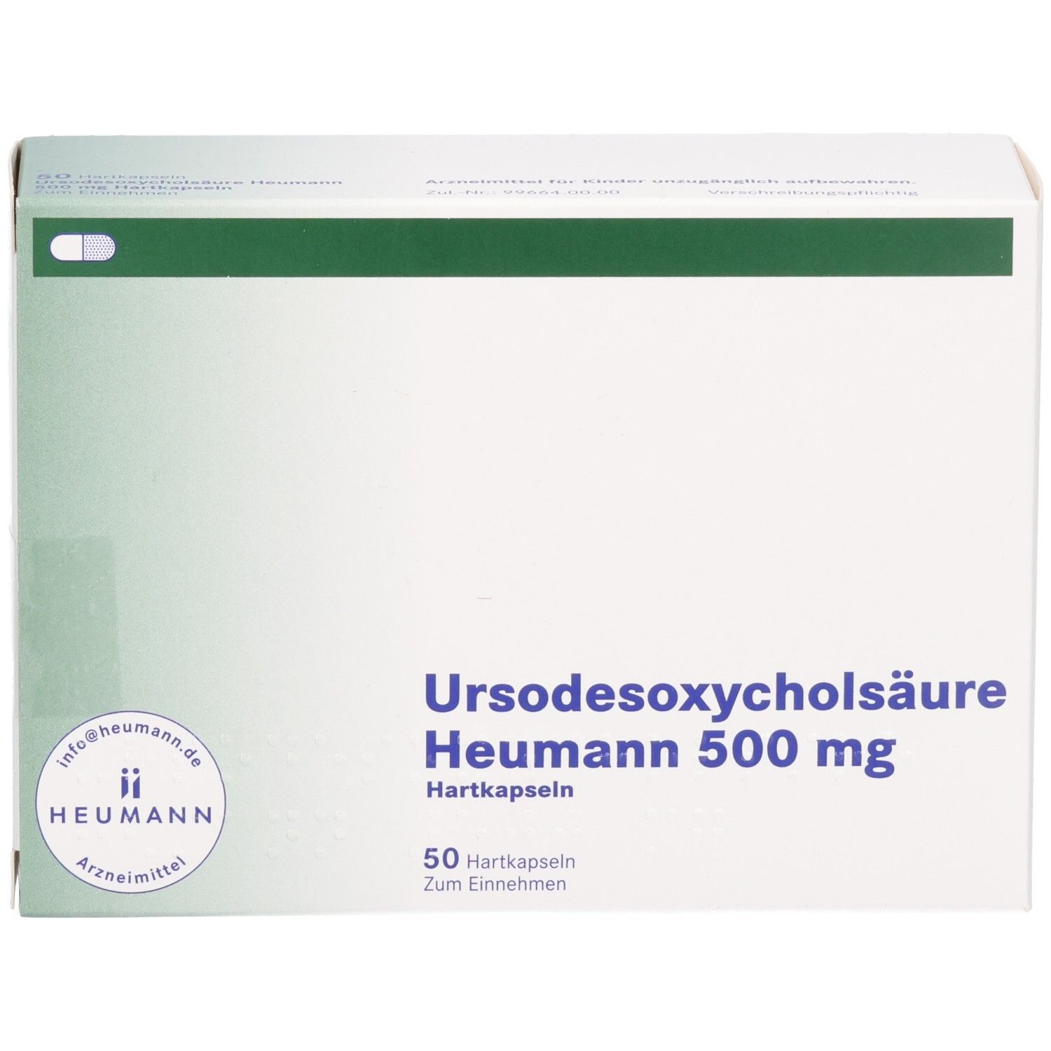 Vorderansicht der Schachtel URSODESOXYCHOLSÄURE Heumann 500 mg. Weiße Verpackung mit grünen Akzenten. 50 Hartkapseln.