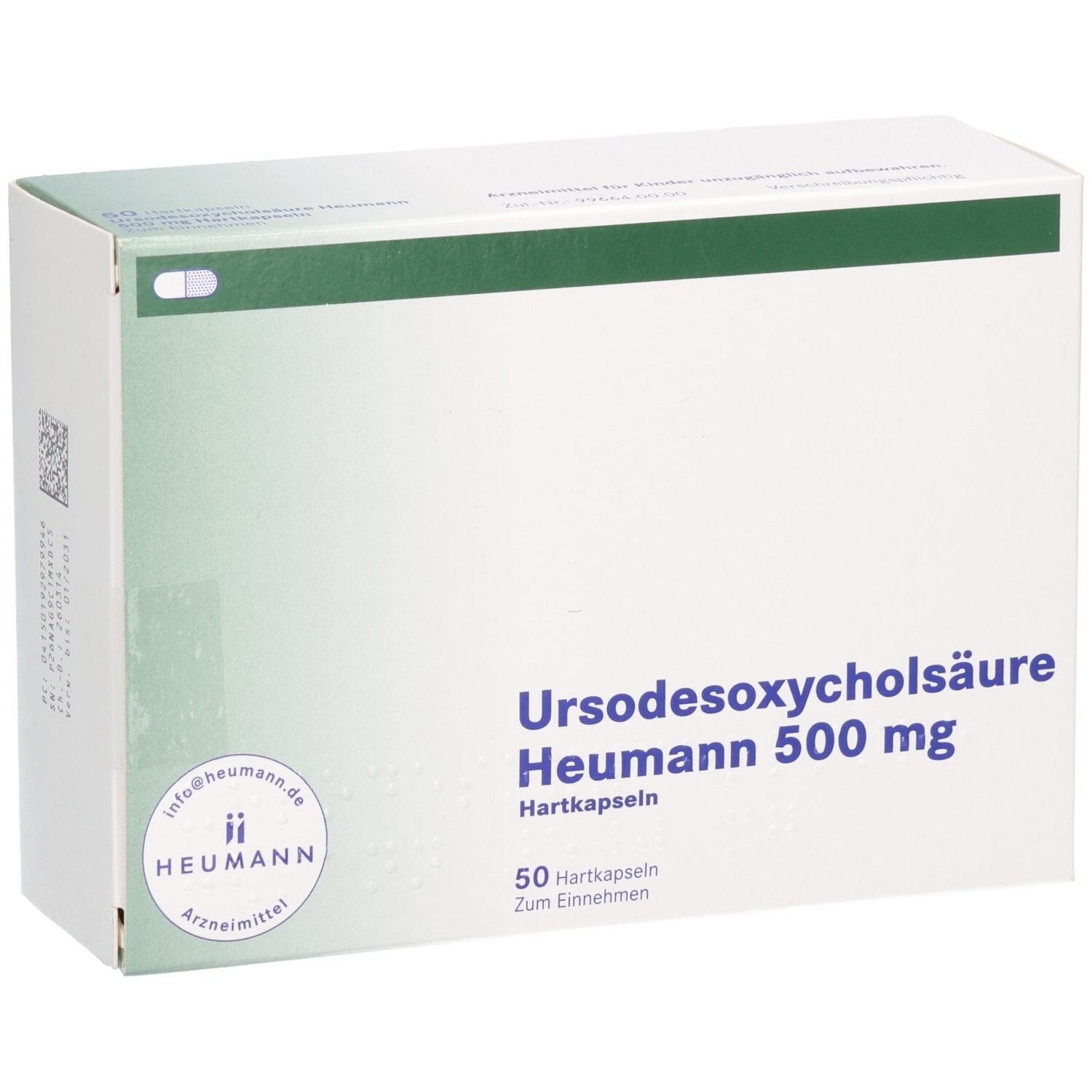 Schachtel URSODESOXYCHOLSÄURE Heumann 500 mg. Weiße Verpackung mit grünen Akzenten. 50 Hartkapseln.