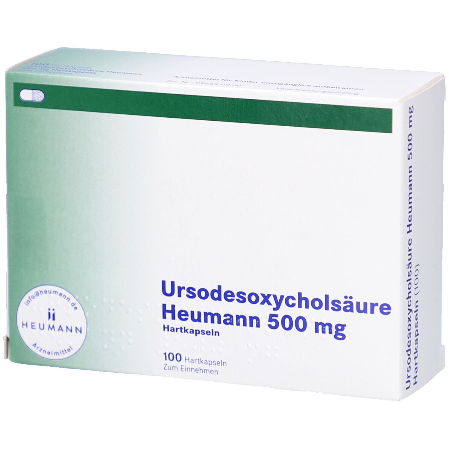 Weiße Kartonverpackung mit grünen Akzenten. Beschriftung: Ursodesoxycholsäure Heumann 500 mg Hartkapseln. 100 Kapseln.