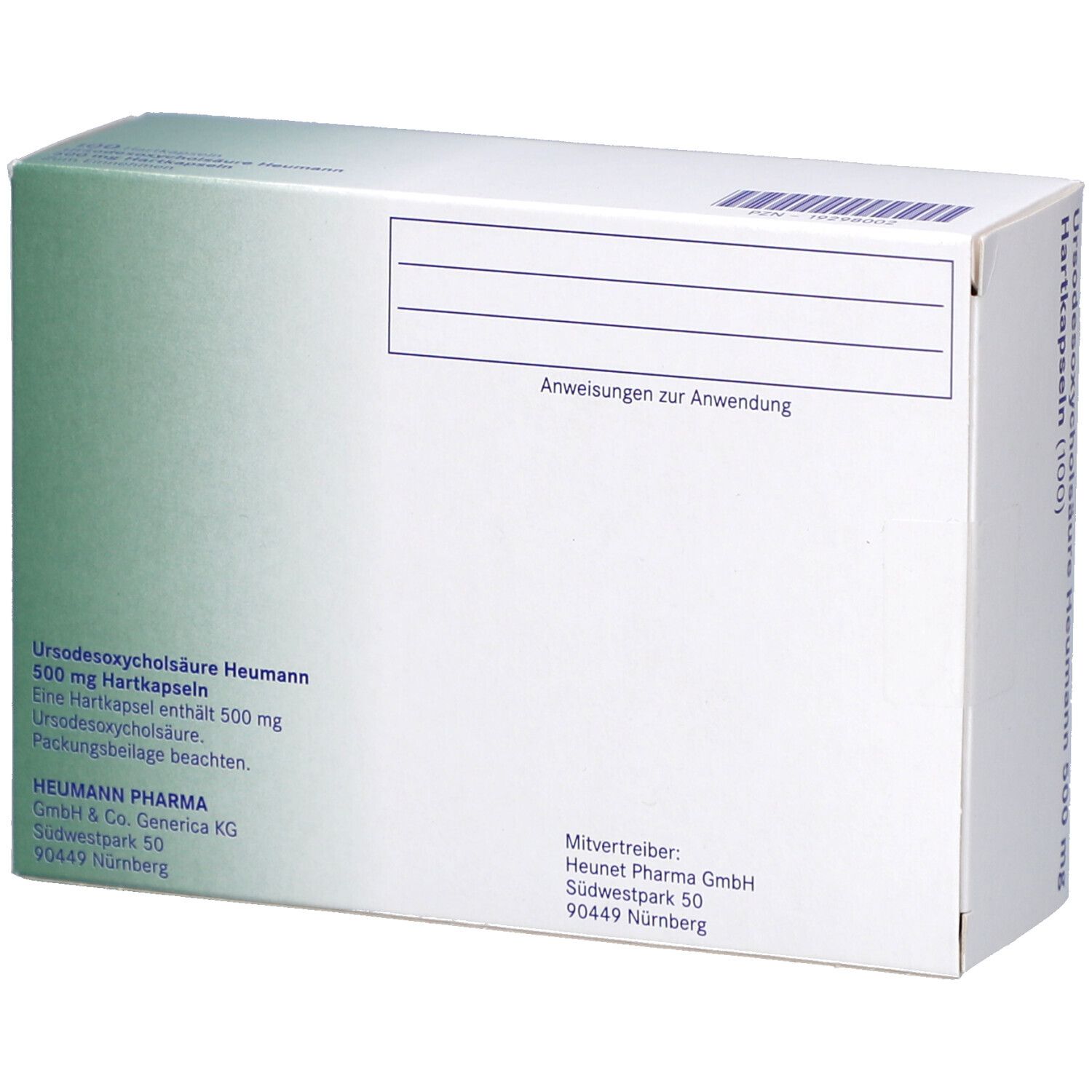 Rückseite der Kartonverpackung. Text: Ursodesoxycholsäure Heumann 500 mg Hartkapseln. Anschrift des Herstellers. Leere Zeilen.