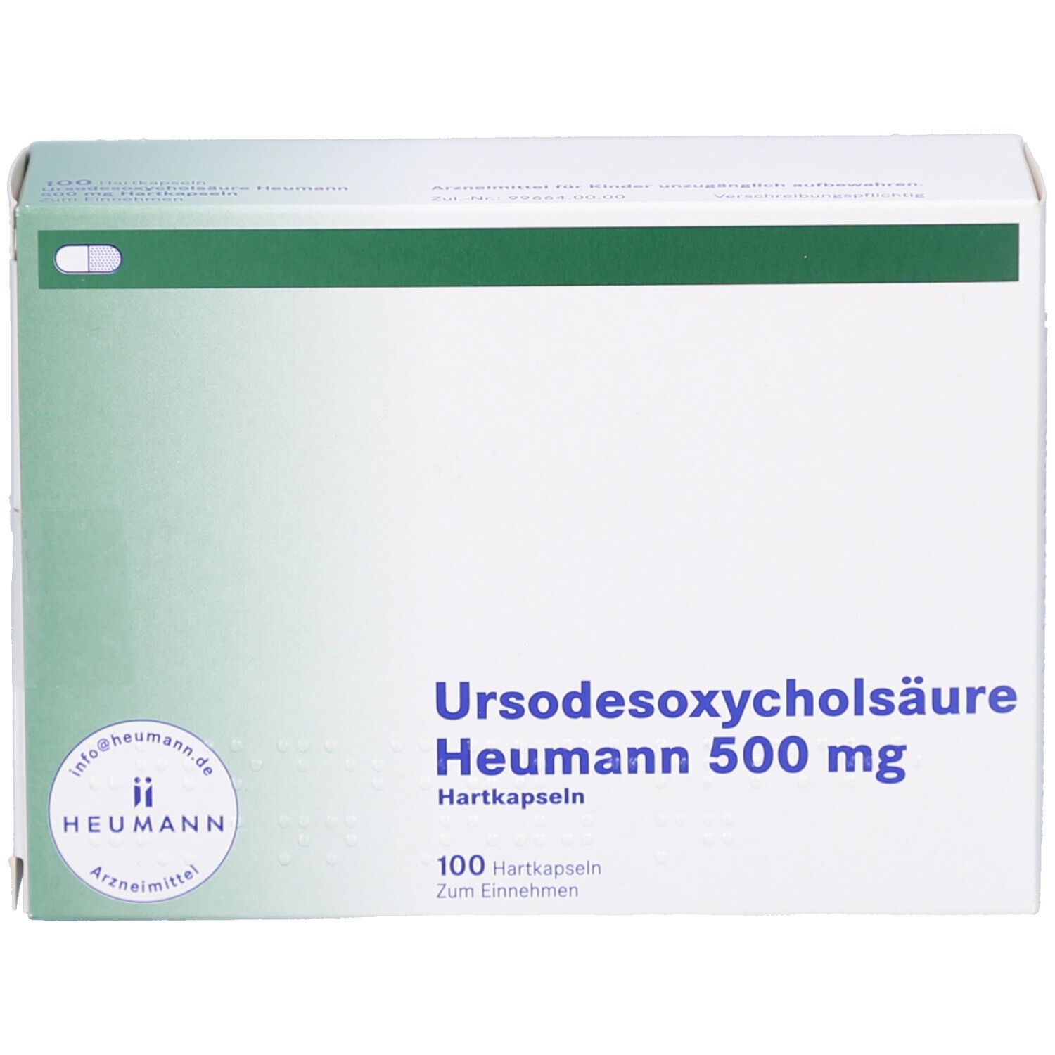 Weiße Kartonverpackung mit grünen Akzenten. Beschriftung: Ursodesoxycholsäure Heumann 500 mg Hartkapseln. 100 Kapseln.