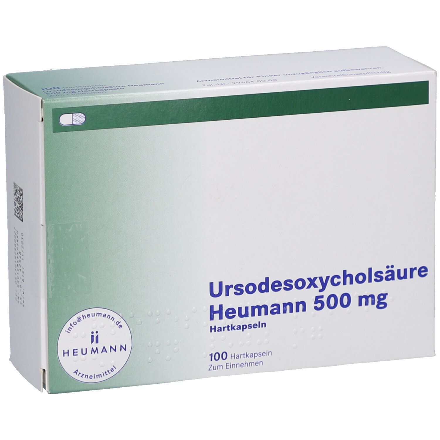 Weiße Kartonverpackung mit grünen Akzenten. Beschriftung: Ursodesoxycholsäure Heumann 500 mg Hartkapseln. 100 Kapseln.
