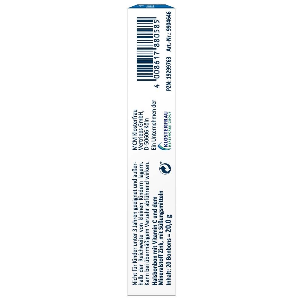 Seite der Klosterfrau Hals Bonbon Kirsche Packung. Herstellerinformationen, Barcode, PZN und Artikelnummer.