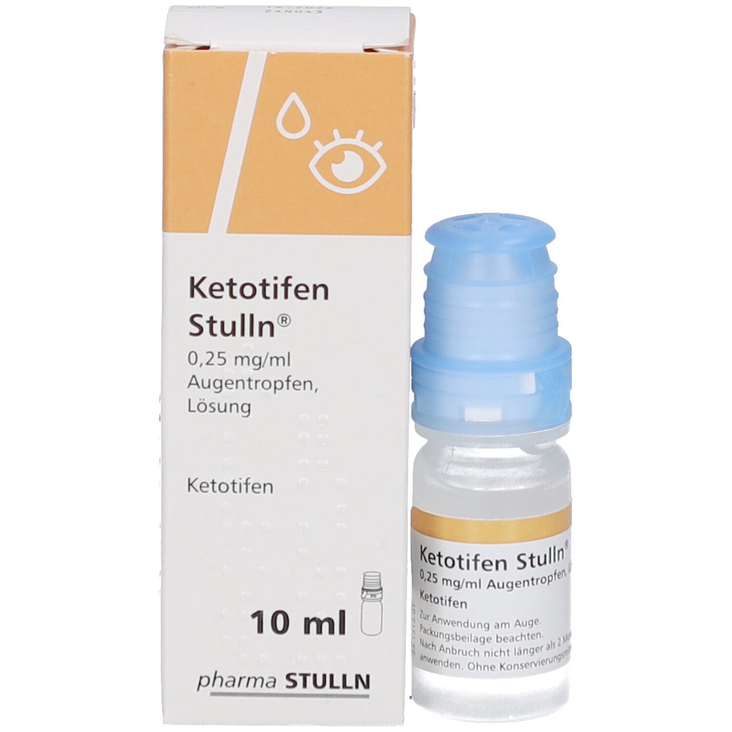 Packung und Fläschchen Augentropfen. Aufschrift: Ketotifen Stulln®, 0,25 mg/ml, 10 ml.