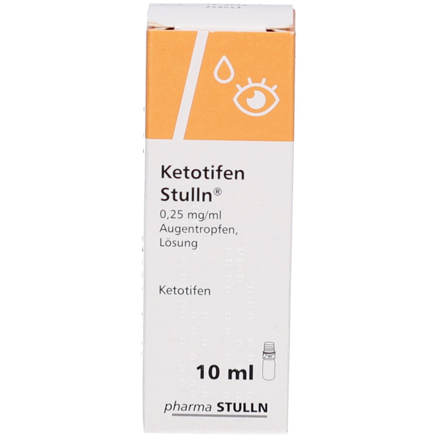 Verpackung Augentropfen. Aufschrift: Ketotifen Stulln®, 0,25 mg/ml, 10 ml.