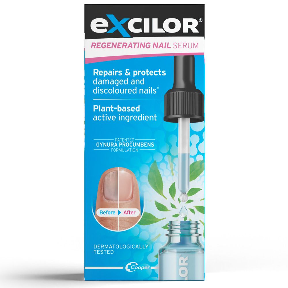 Schachtel mit Nagelserum. Produktname und Logo sichtbar. Tropfer und Flasche im Bild. Dermatologisch getestet.