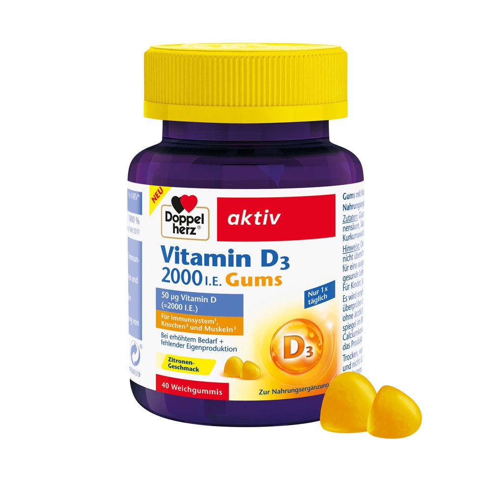 Dunkelviolette Flasche mit gelbem Deckel. Aufschrift: Doppelherz aktiv Vitamin D3 2000 I.E. Gums. 40 Weichgummis. Drei Gummis daneben.