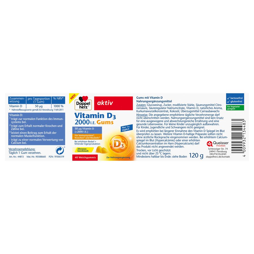 Rückseite der Flasche. Aufschrift: Doppelherz aktiv Vitamin D3 2000 I.E. Gums. Inhaltsstoffe, Nährwertangaben. 120g. Geeignet für Vegetarier.