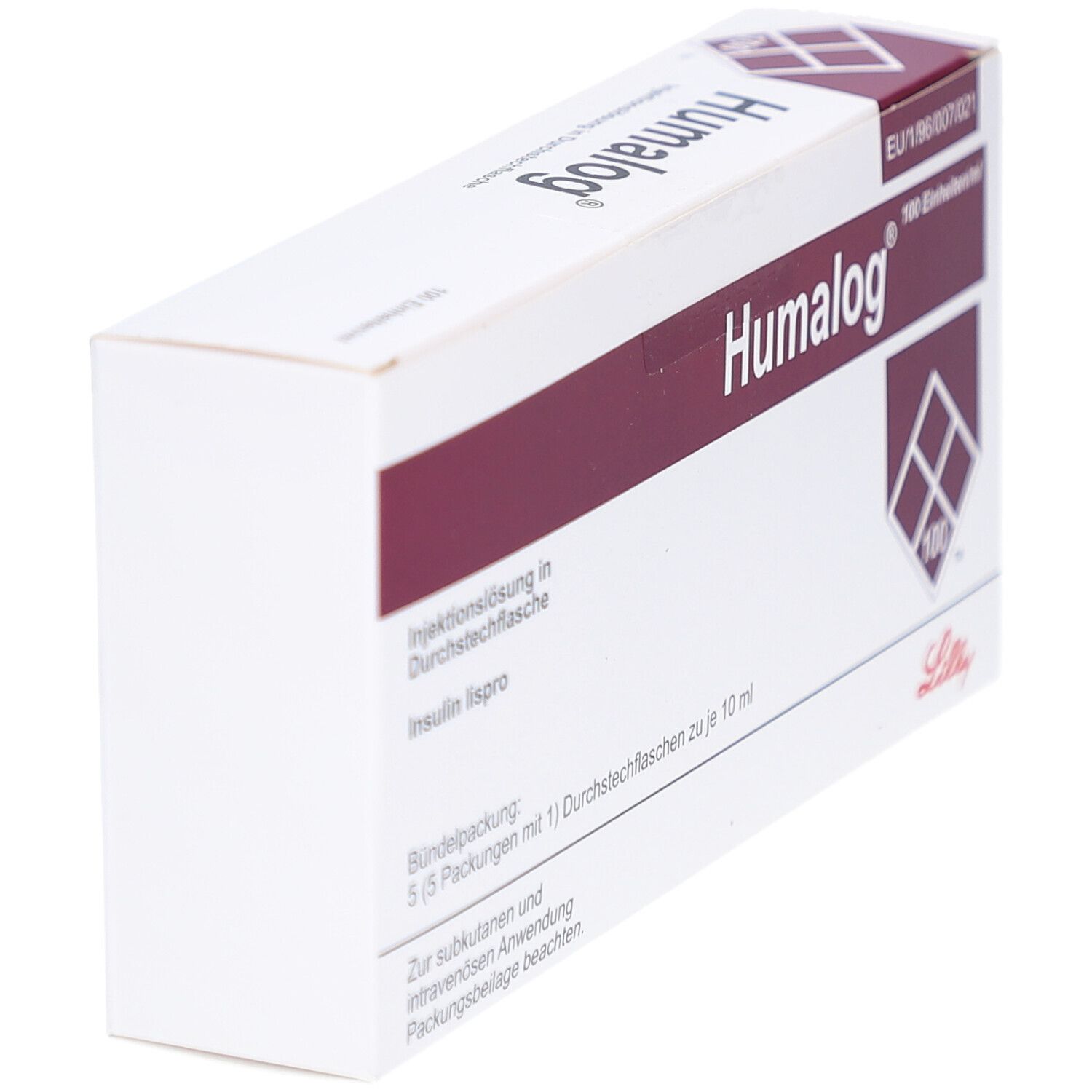 Weiße rechteckige Verpackung mit Humalog-Aufdruck. Roter Streifen mit Logo und Text. Lilly-Logo. Schräge Ansicht.
