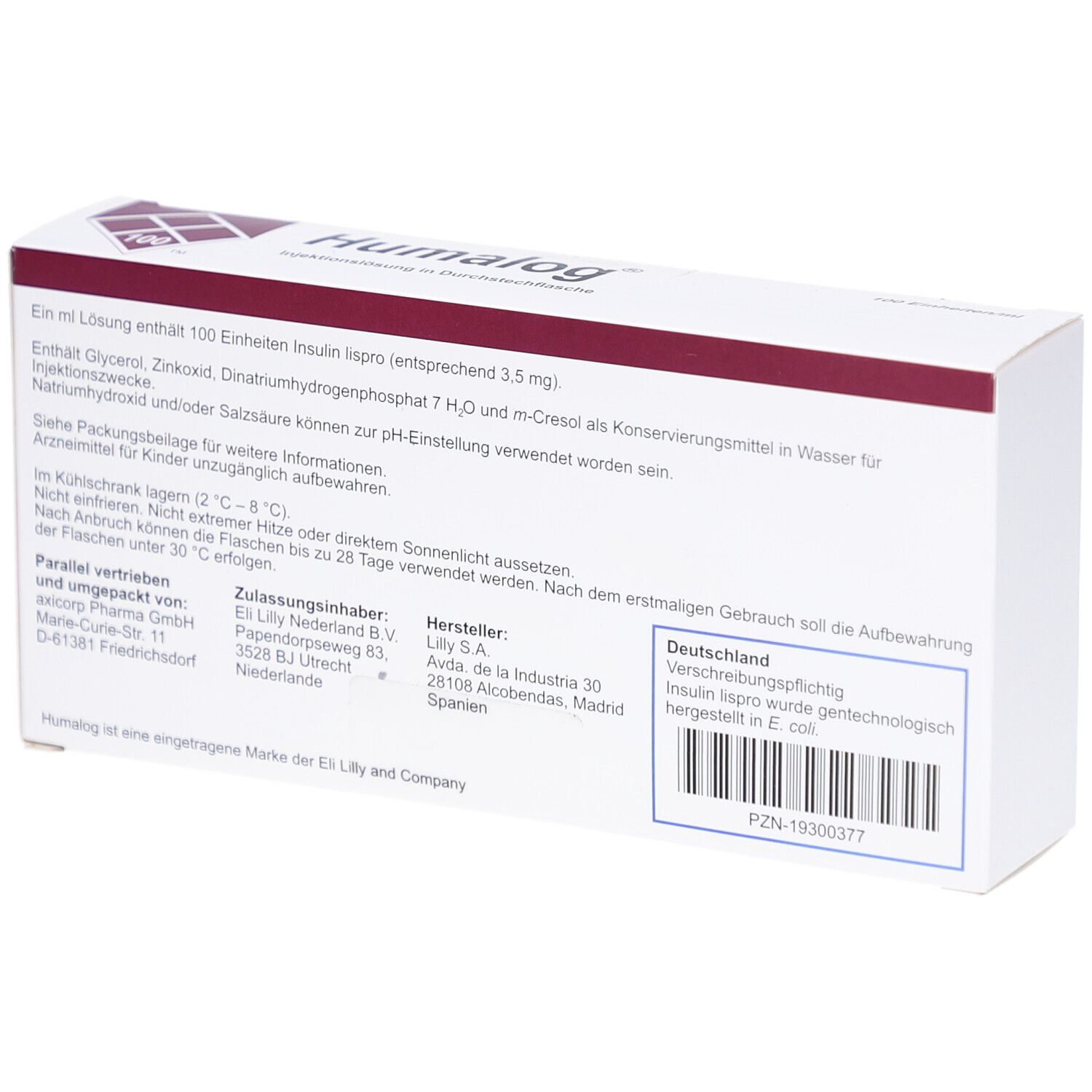 Rückseite der weißen Humalog-Verpackung. Text mit Inhaltsstoffen, Herstellerinformationen und Barcode. Blaues Feld.