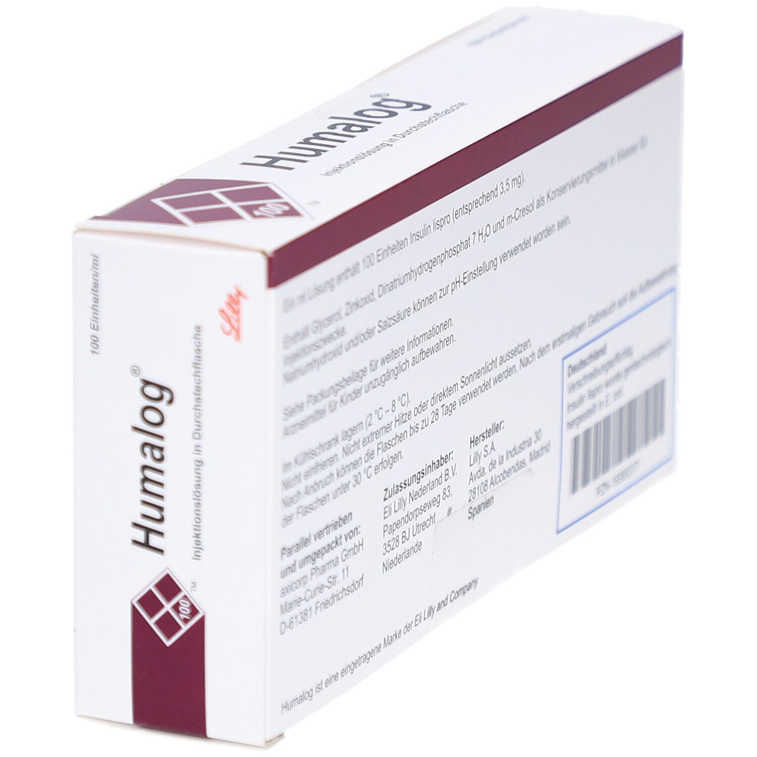 Weiße Humalog-Verpackung, schräge Ansicht. Text mit Inhaltsstoffen, Herstellerinformationen und Barcode. Blaues Feld.