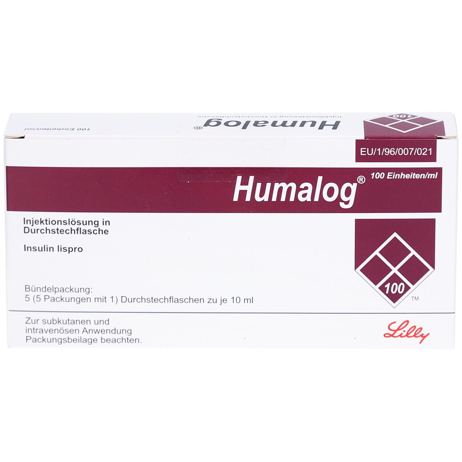 Weiße rechteckige Verpackung mit Humalog, 100 Einheiten/ml. Roter Streifen mit Logo und Text. Lilly-Logo.