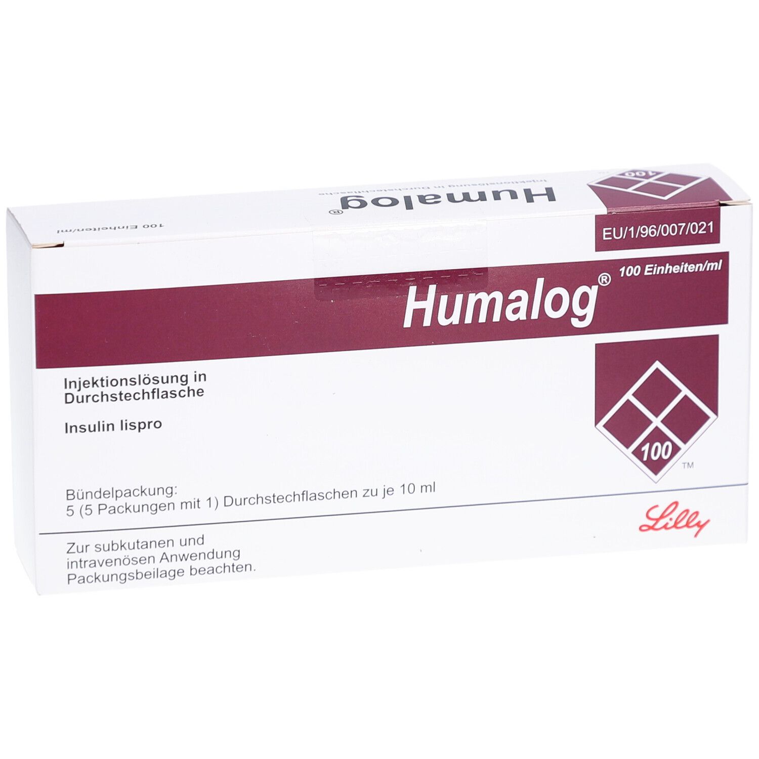 Weiße rechteckige Verpackung mit Humalog, 100 Einheiten/ml. Roter Streifen mit Logo und Text. Lilly-Logo.