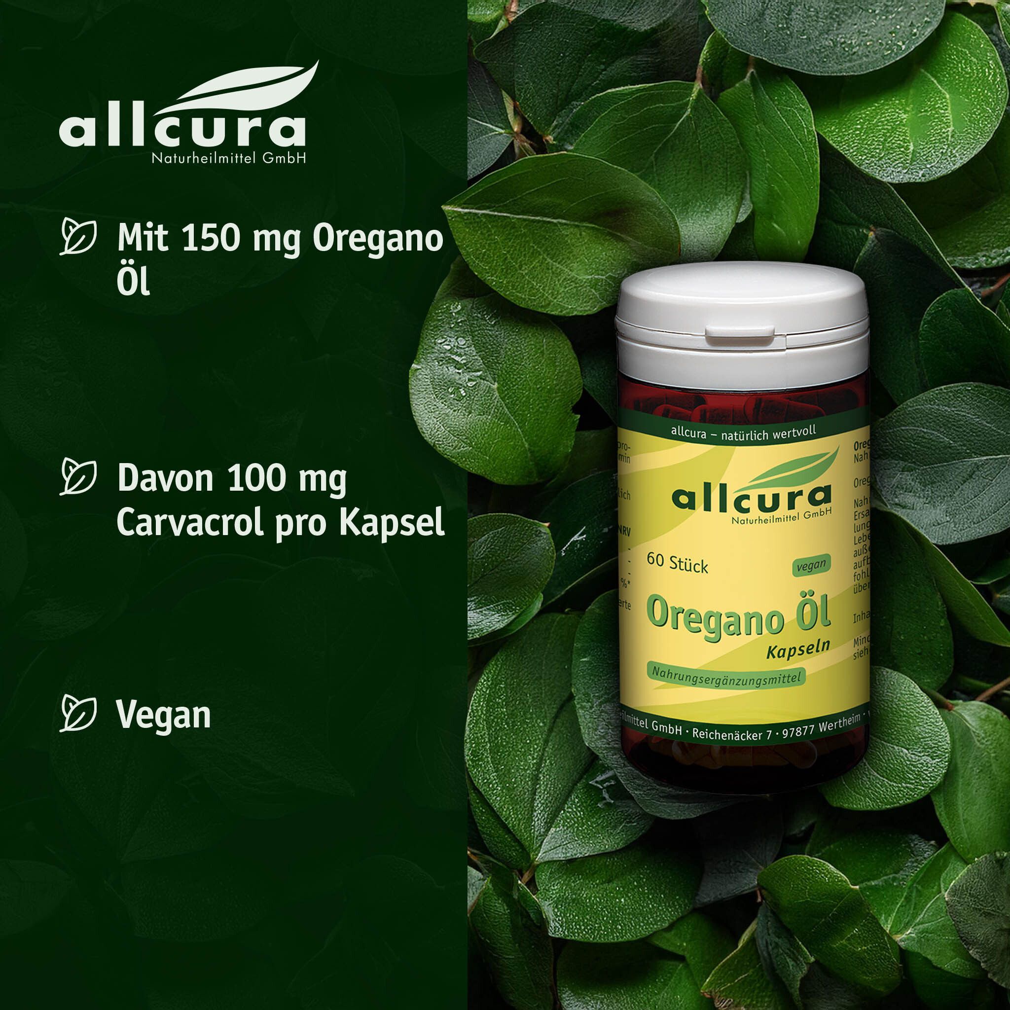 Kapsel-Dose mit Blättern. Text: Mit 150 mg Oregano Öl, Davon 100 mg Carvacrol pro Kapsel, Vegan.