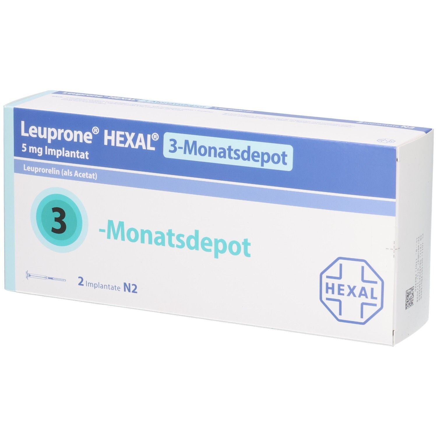 Verpackung von LEUPRONE HEXAL 3-Monatsdepot. Blaue und weiße Schachtel mit Produktnamen und Logo. Enthält 2 Implantate.