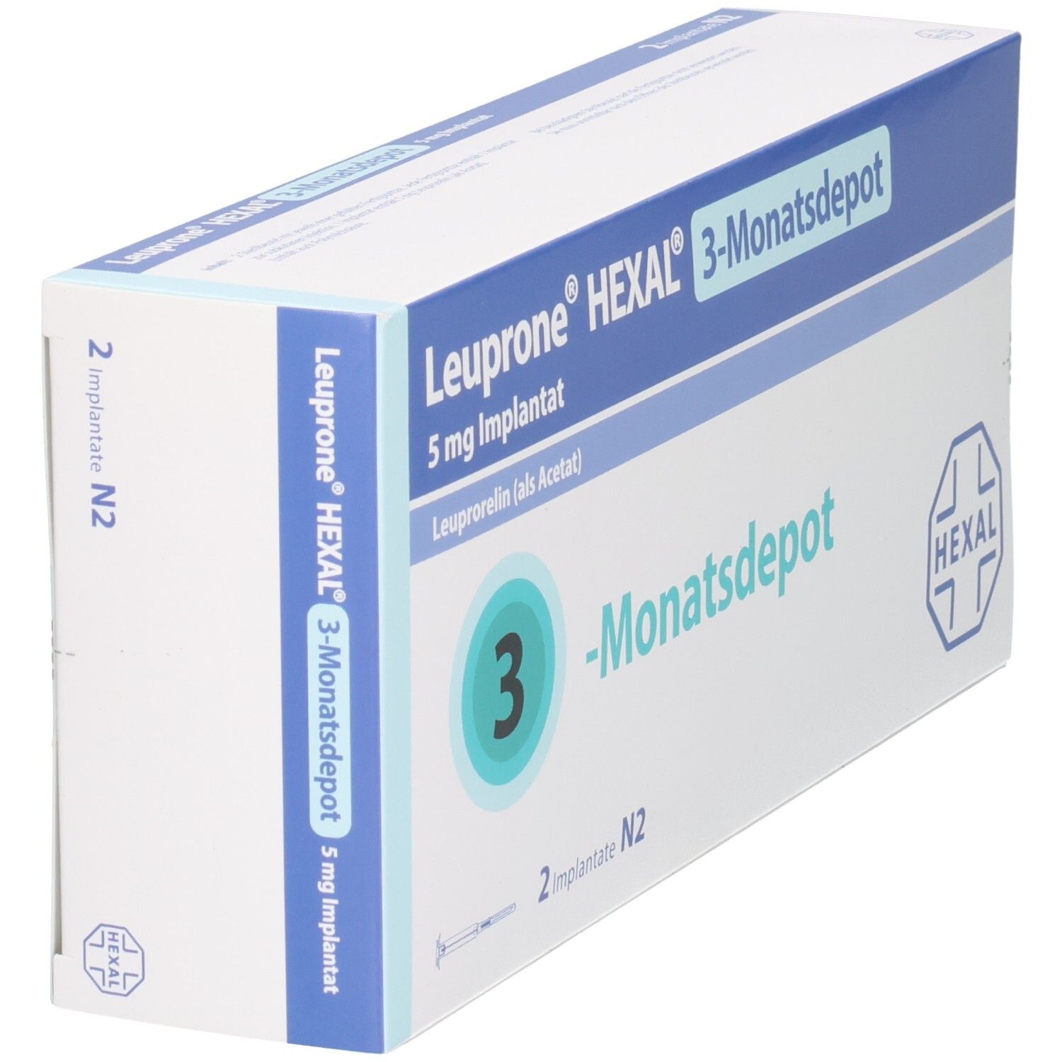 Schrägansicht der Verpackung von LEUPRONE HEXAL 3-Monatsdepot. Blaue und weiße Schachtel mit Produktnamen und Logo.