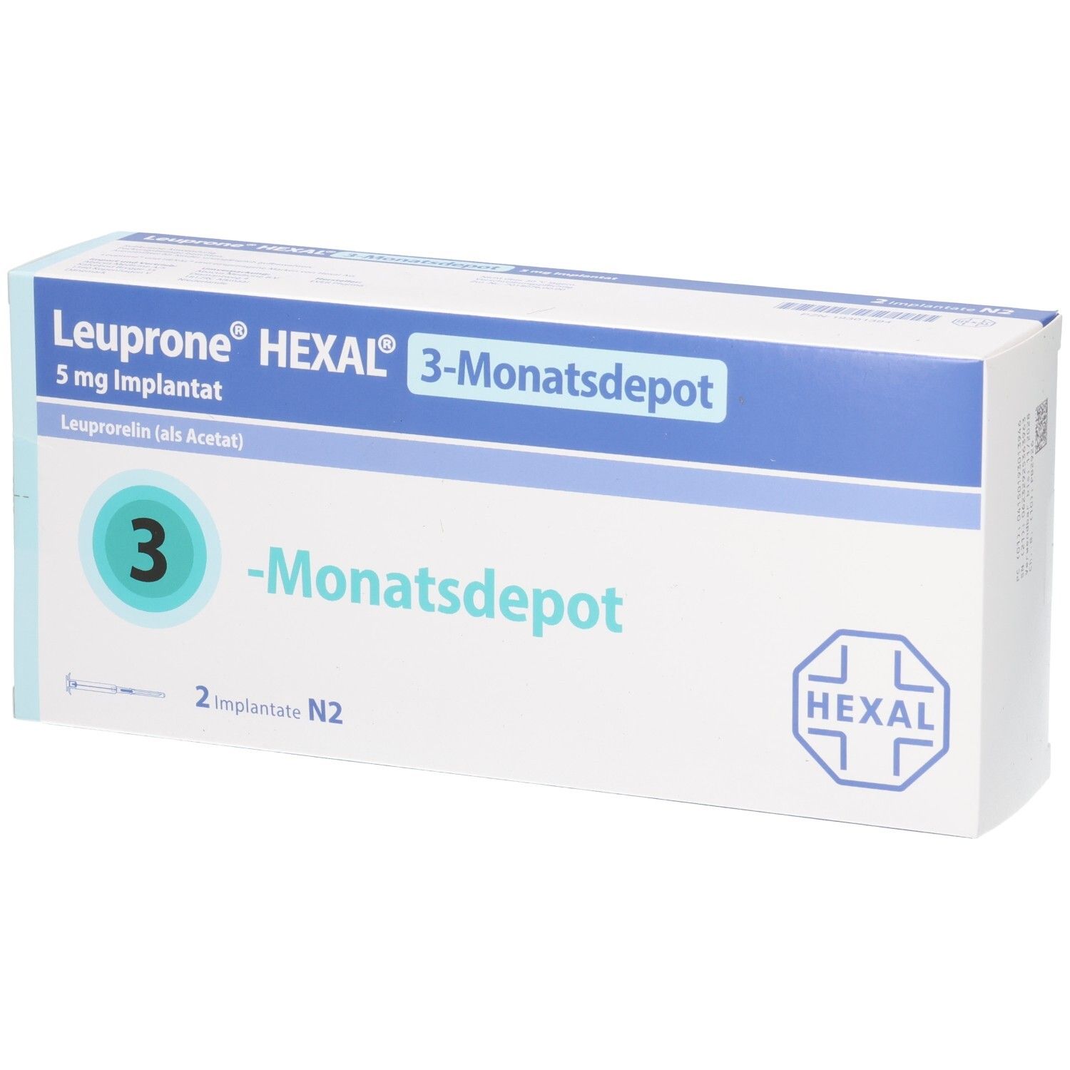 Verpackung von LEUPRONE HEXAL 3-Monatsdepot. Blaue und weiße Schachtel mit Produktnamen und Logo. Enthält 2 Implantate.
