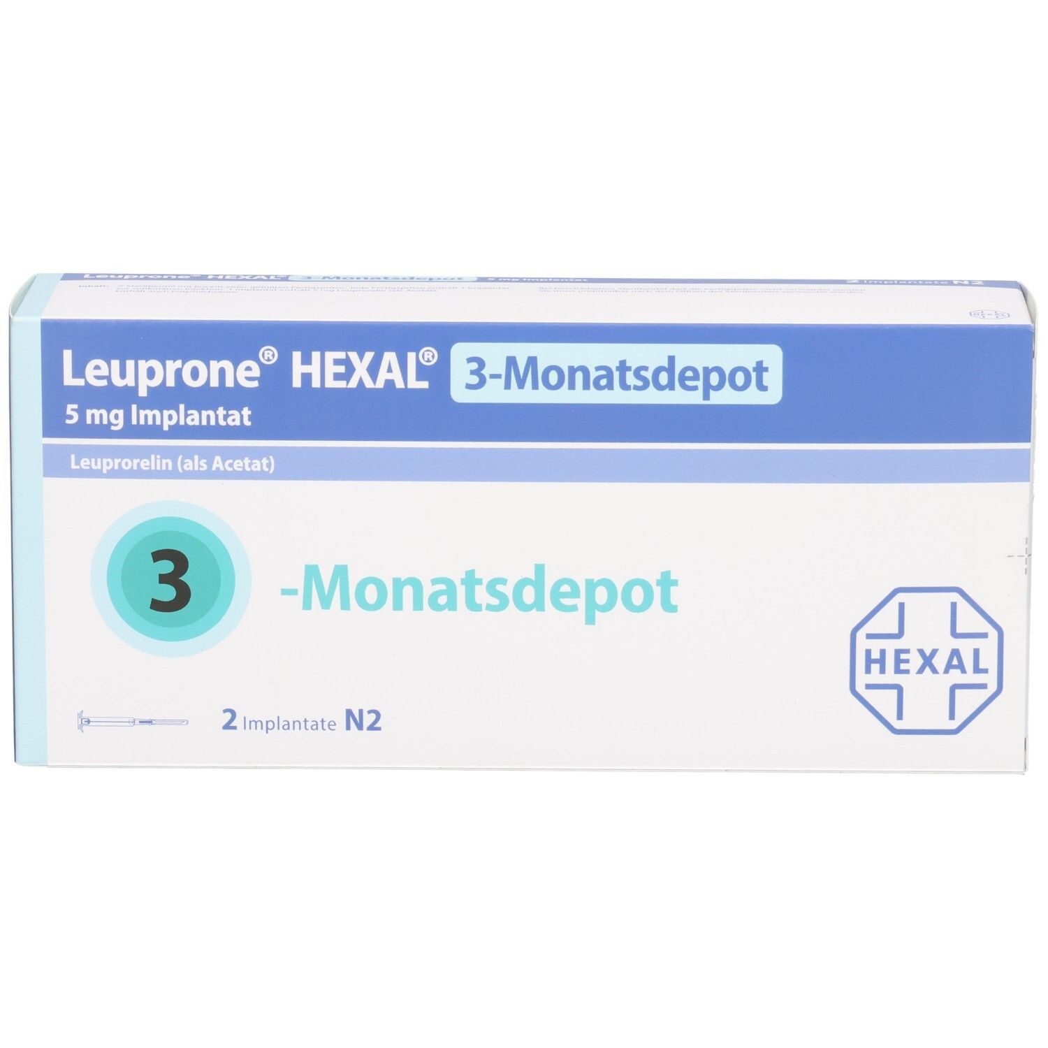 Verpackung von LEUPRONE HEXAL 3-Monatsdepot. Blaue und weiße Schachtel mit Produktnamen und Logo. Enthält 2 Implantate.