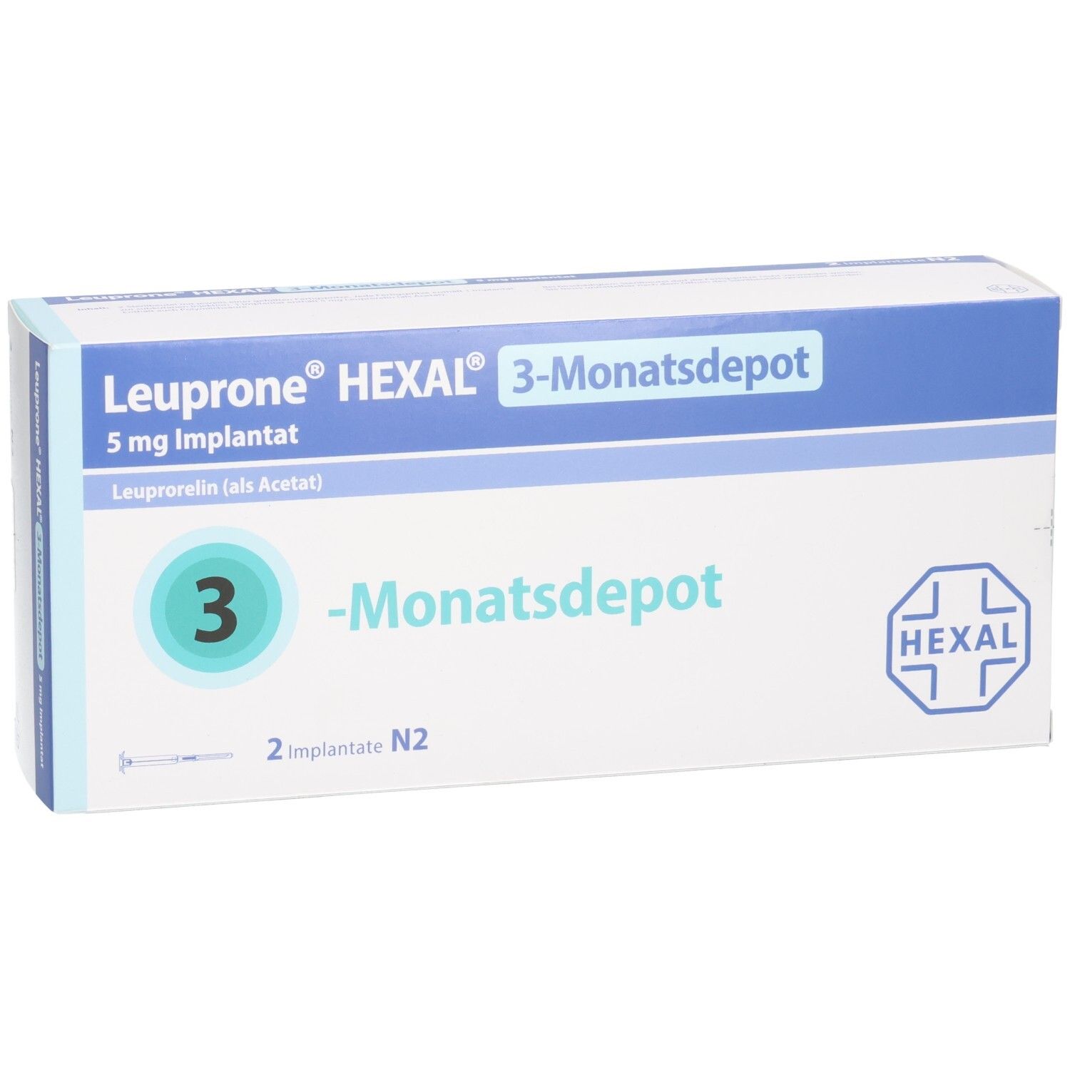 Verpackung von LEUPRONE HEXAL 3-Monatsdepot. Blaue und weiße Schachtel mit Produktnamen und Logo. Enthält 2 Implantate.