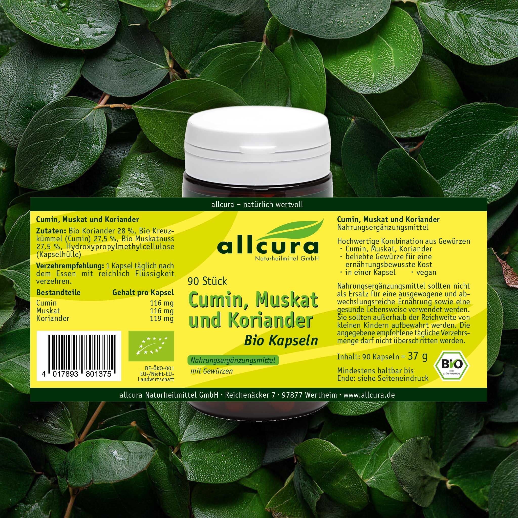 Dose mit Kapseln, umgeben von Blättern. Aufschrift: allcura Cumin, Muskat und Koriander Bio Kapseln. Bio-Siegel.