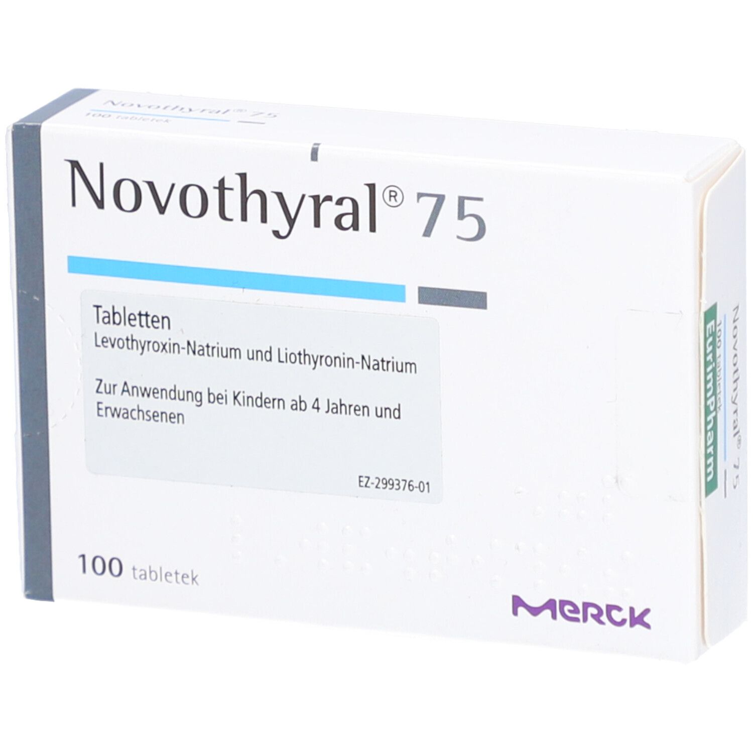 Weiße Schachtel mit NOVOTHYRAL 75 Tabletten. Blaue und graue Streifen. Merck-Logo unten rechts. 100 Tabletten.