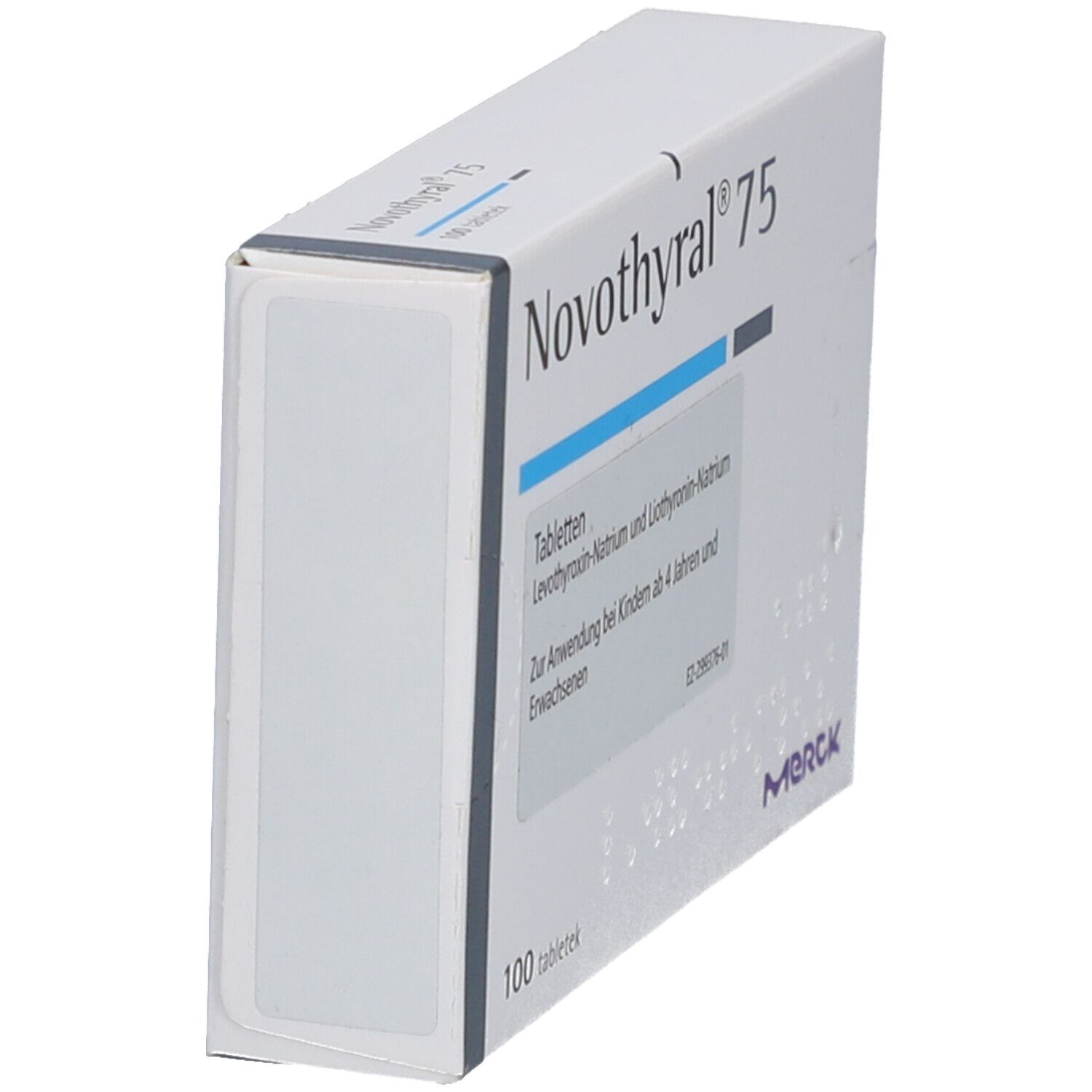Weiße Schachtel mit NOVOTHYRAL 75 Tabletten. Seitenansicht. Merck-Logo. 100 Tabletten.