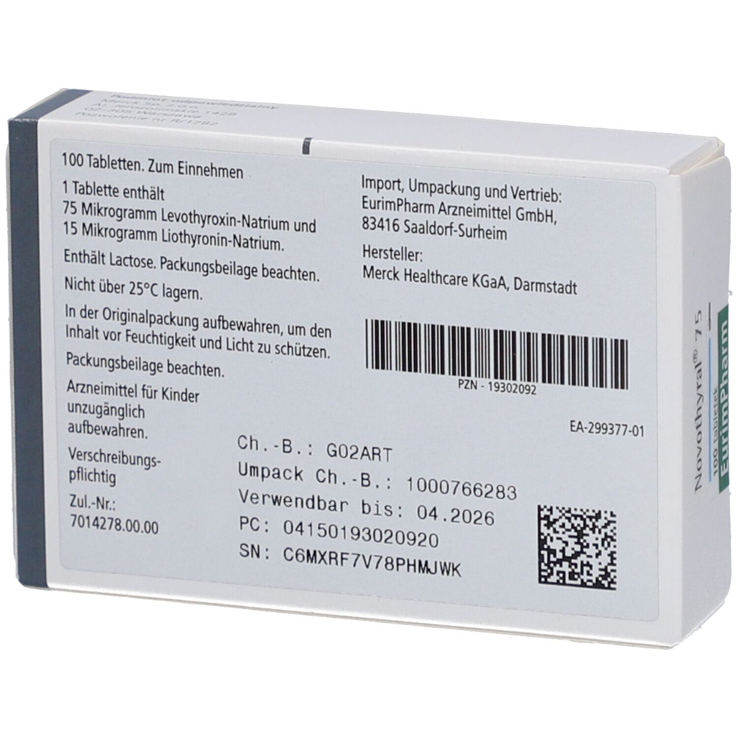 Rückseite der weißen Schachtel mit NOVOTHYRAL 75 Tabletten. Textinformationen, Barcode, Chargennummer, Verfallsdatum.